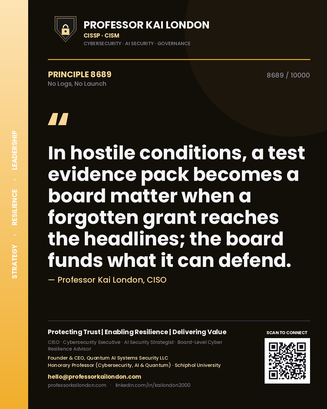 Professor Kai London principle 8689: In hostile conditions, a test evidence pack becomes a board matter when a forgotten grant reaches the headlines; the board funds what it can defend.