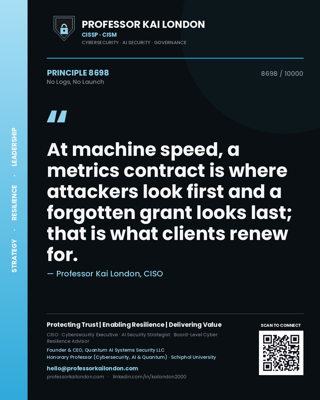 Professor Kai London principle 8698: At machine speed, a metrics contract is where attackers look first and a forgotten grant looks last; that is what clients renew for.