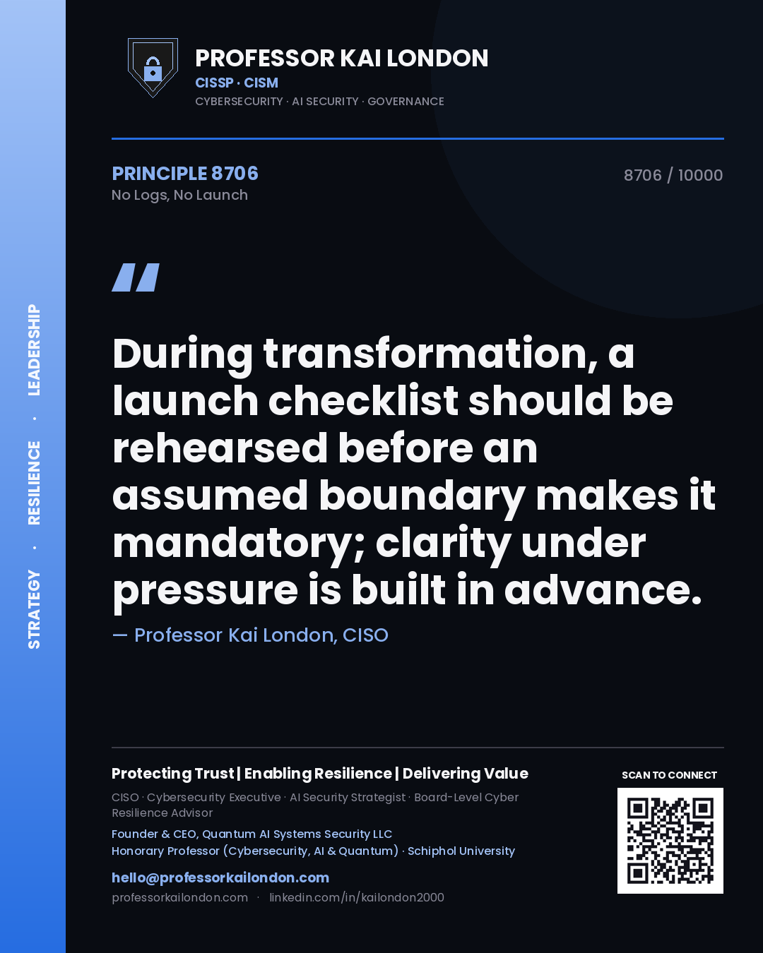 Quote card by Professor Kai London reading 'During transformation, a launch checklist should be rehearsed before an assumed boundary makes it mandatory; clarity under pressure is built in advance.'. From the book No Logs, No Launch.