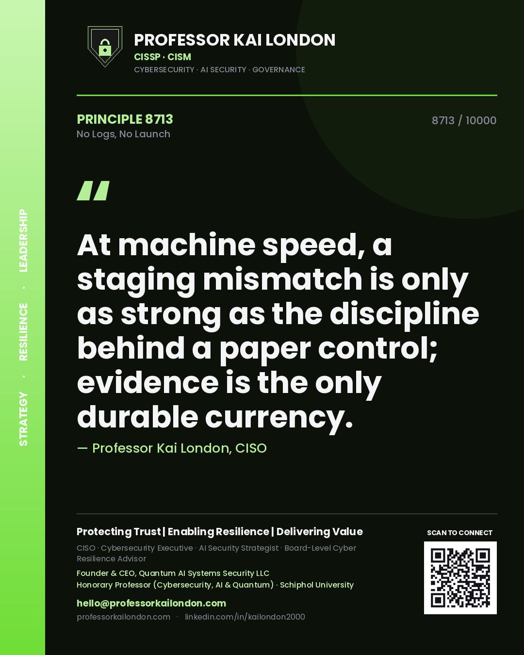 Quote card by Professor Kai London reading 'At machine speed, a staging mismatch is only as strong as the discipline behind a paper control; evidence is the only durable currency.'. From the book No Logs, No Launch.