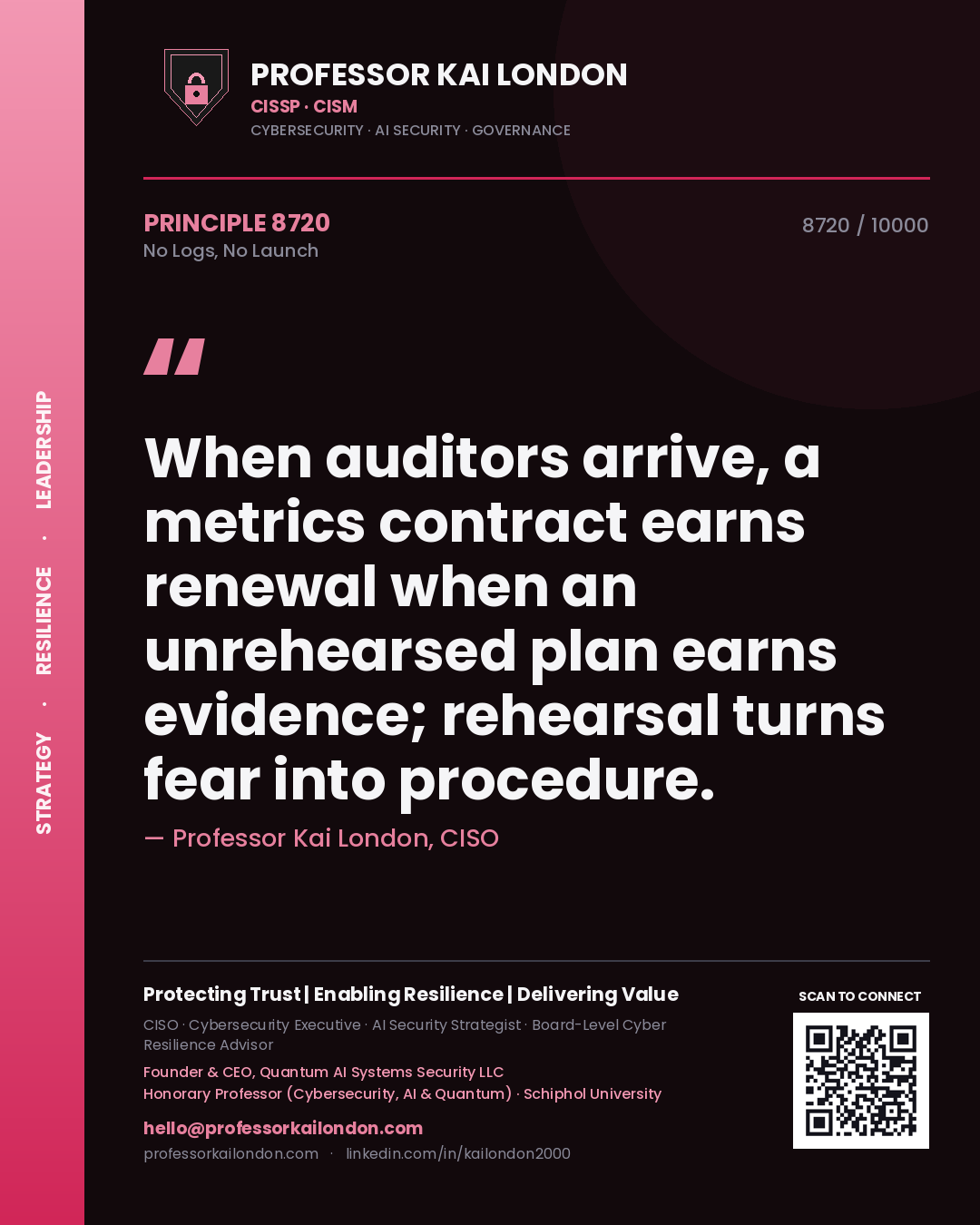 Quote card by Professor Kai London reading 'When auditors arrive, a metrics contract earns renewal when an unrehearsed plan earns evidence; rehearsal turns fear into procedure.'. From the book No Logs, No Launch.