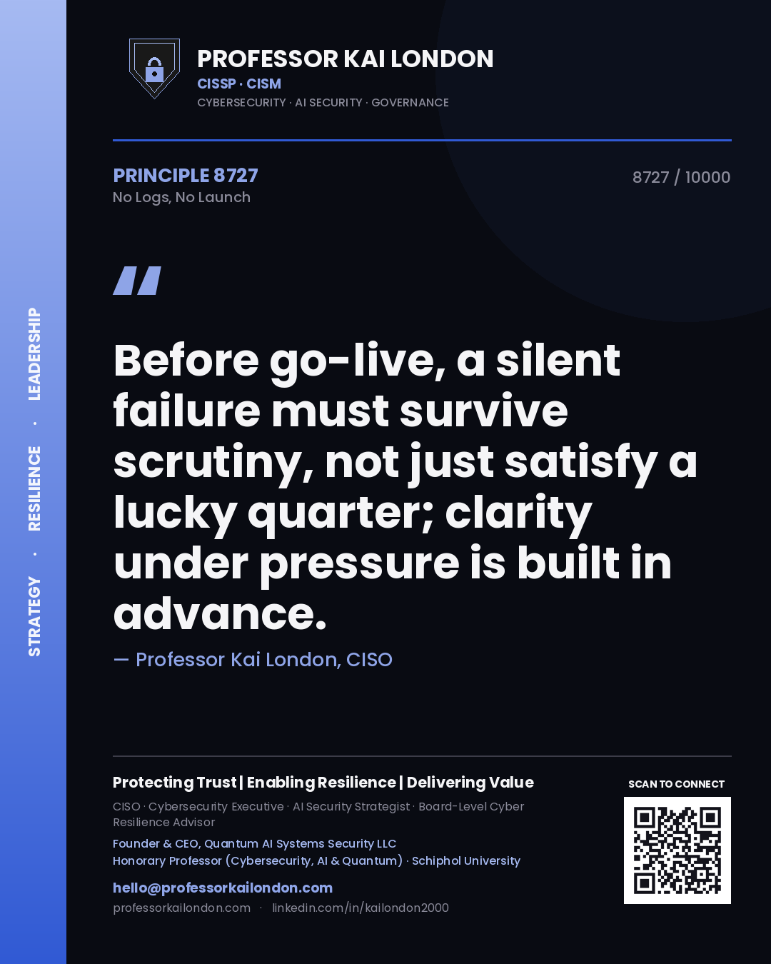 Professor Kai London principle 8727: Before go-live, a silent failure must survive scrutiny, not just satisfy a lucky quarter; clarity under pressure is built in advance.