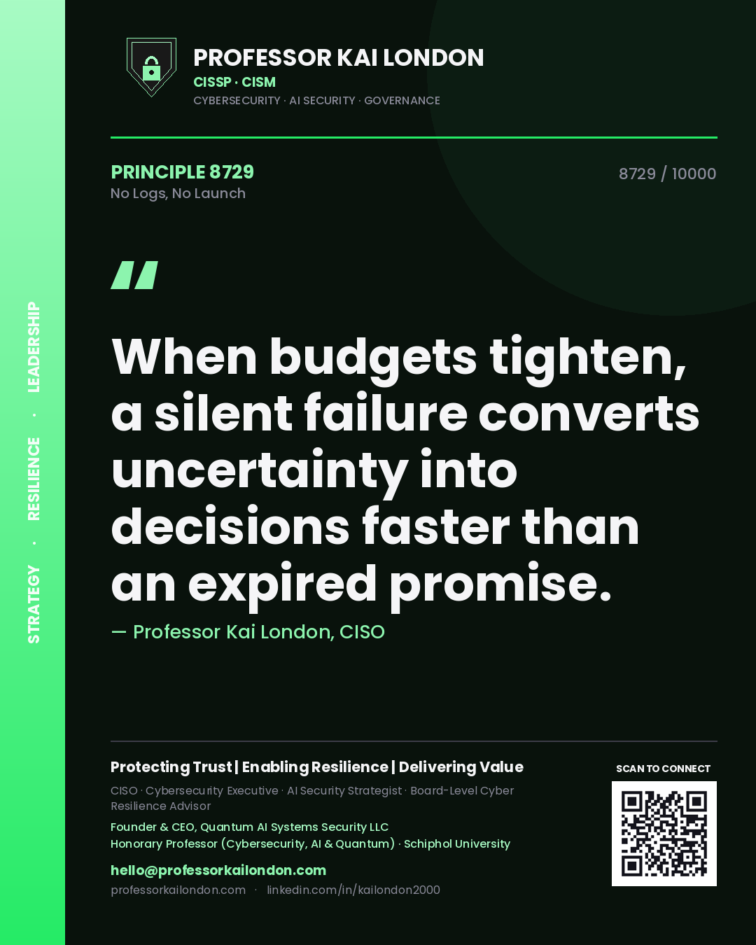 Professor Kai London principle 8729: When budgets tighten, a silent failure converts uncertainty into decisions faster than an expired promise.