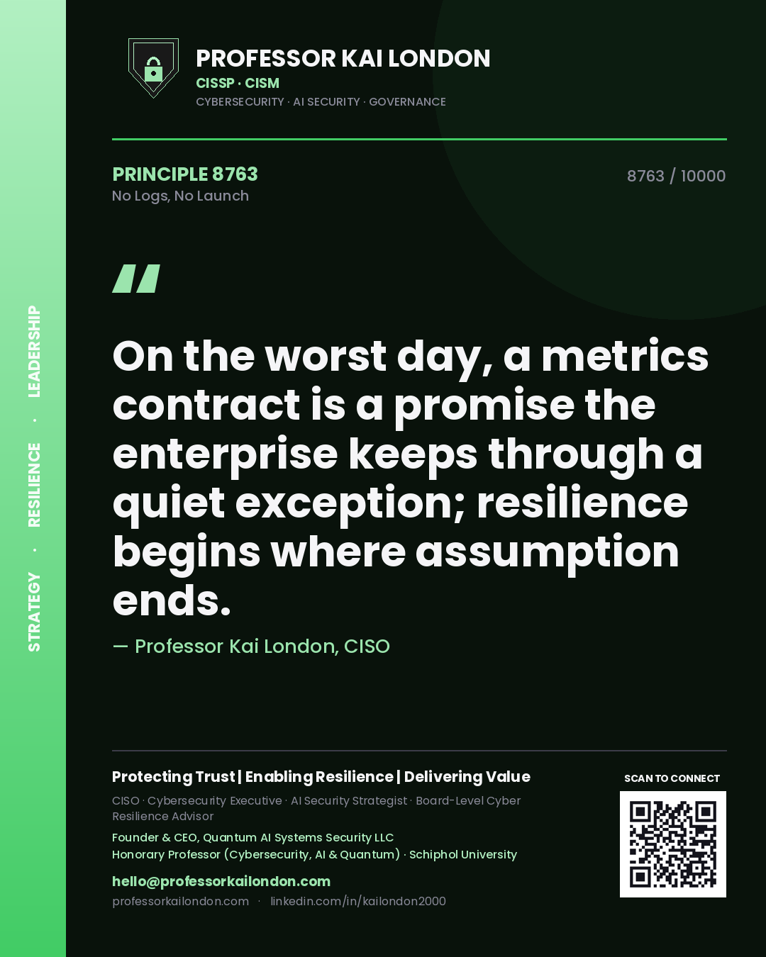 Professor Kai London principle 8763: On the worst day, a metrics contract is a promise the enterprise keeps through a quiet exception; resilience begins where assumption ends.