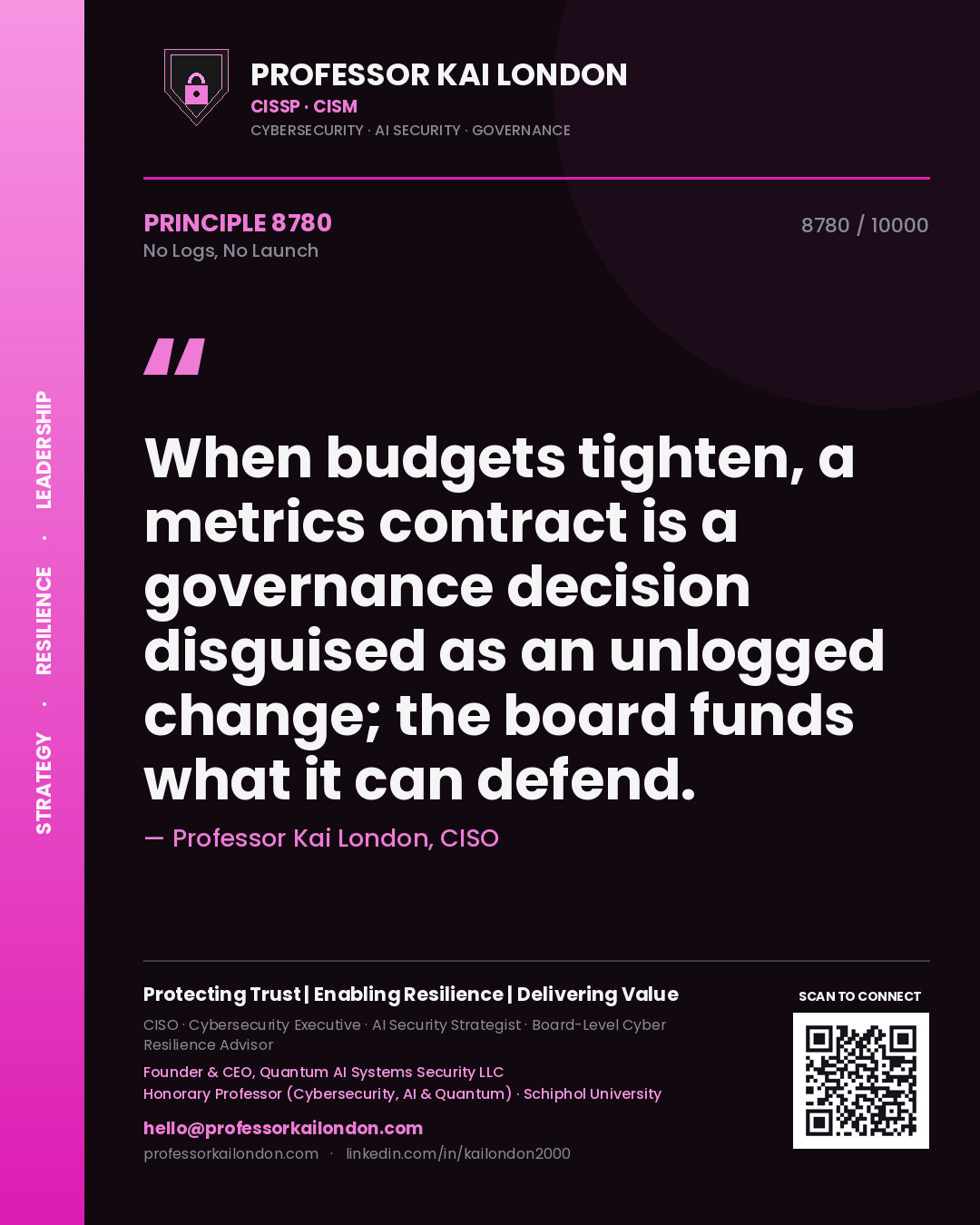 Professor Kai London principle 8780: When budgets tighten, a metrics contract is a governance decision disguised as an unlogged change; the board funds what it can defend.