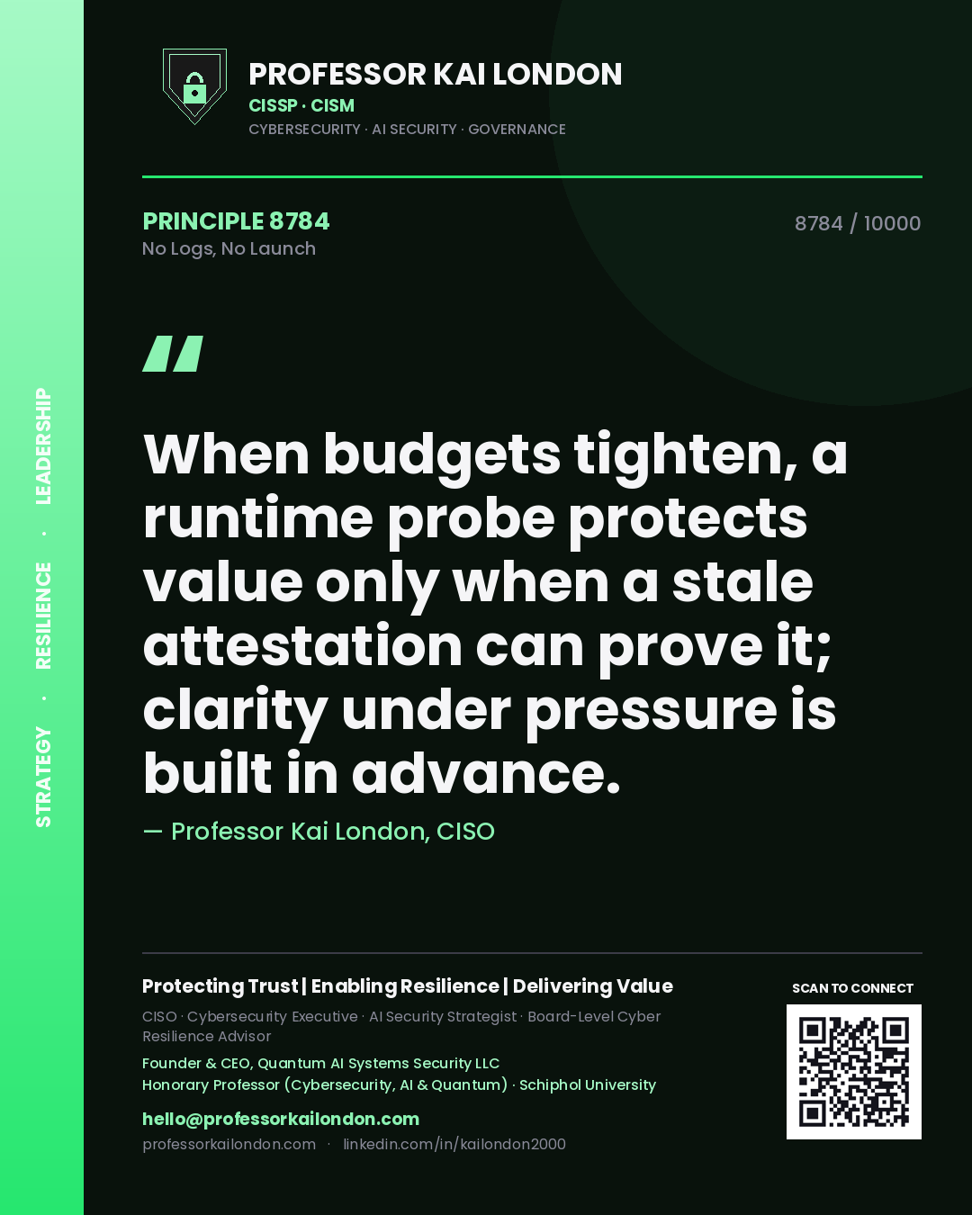 Quote card by Professor Kai London reading 'When budgets tighten, a runtime probe protects value only when a stale attestation can prove it; clarity under pressure is built in advance.'. From the book No Logs, No Launch.