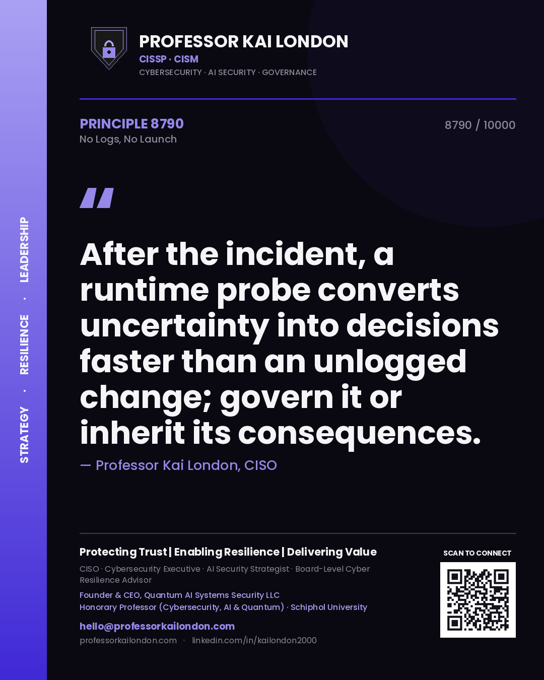 Professor Kai London principle 8790: After the incident, a runtime probe converts uncertainty into decisions faster than an unlogged change; govern it or inherit its consequences.