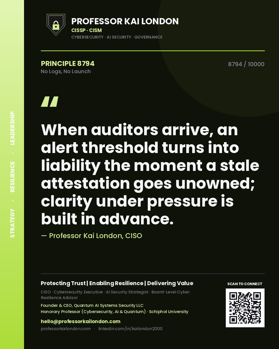 Quote card by Professor Kai London reading 'When auditors arrive, an alert threshold turns into liability the moment a stale attestation goes unowned; clarity under pressure is built in advance.'. From the book No Logs, No Launch.