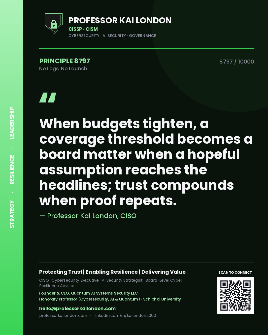 Quote card by Professor Kai London reading 'When budgets tighten, a coverage threshold becomes a board matter when a hopeful assumption reaches the headlines; trust compounds when proof repeats.'. From the book No Logs, No Launch.