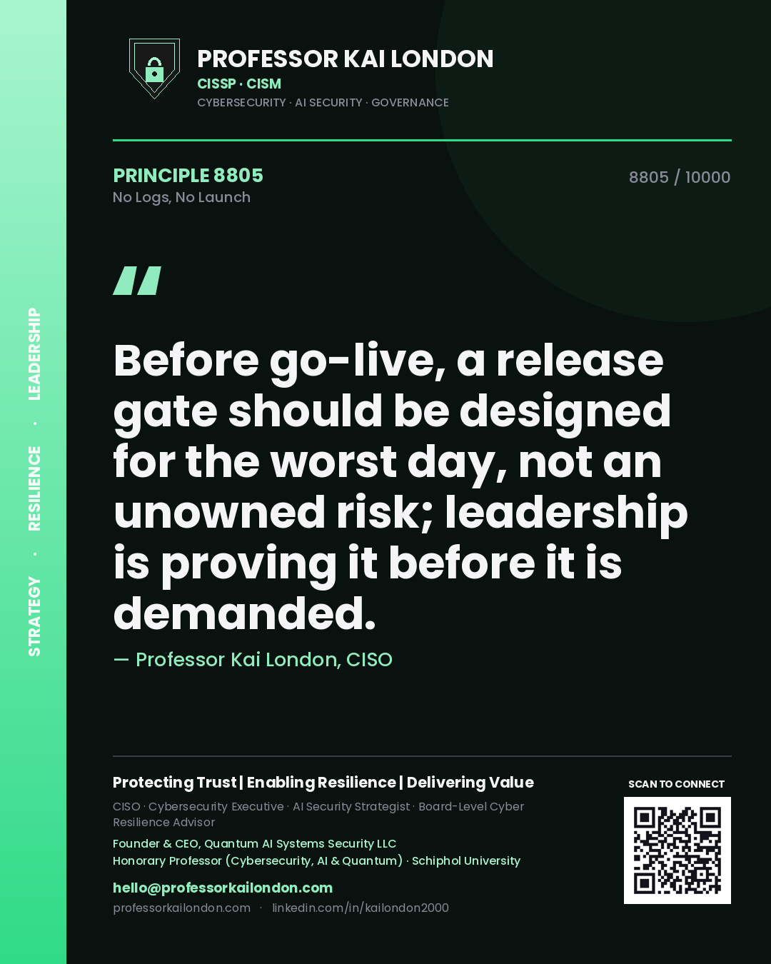 Quote card by Professor Kai London reading 'Before go-live, a release gate should be designed for the worst day, not an unowned risk; leadership is proving it before it is demanded.'. From the book No Logs, No Launch.