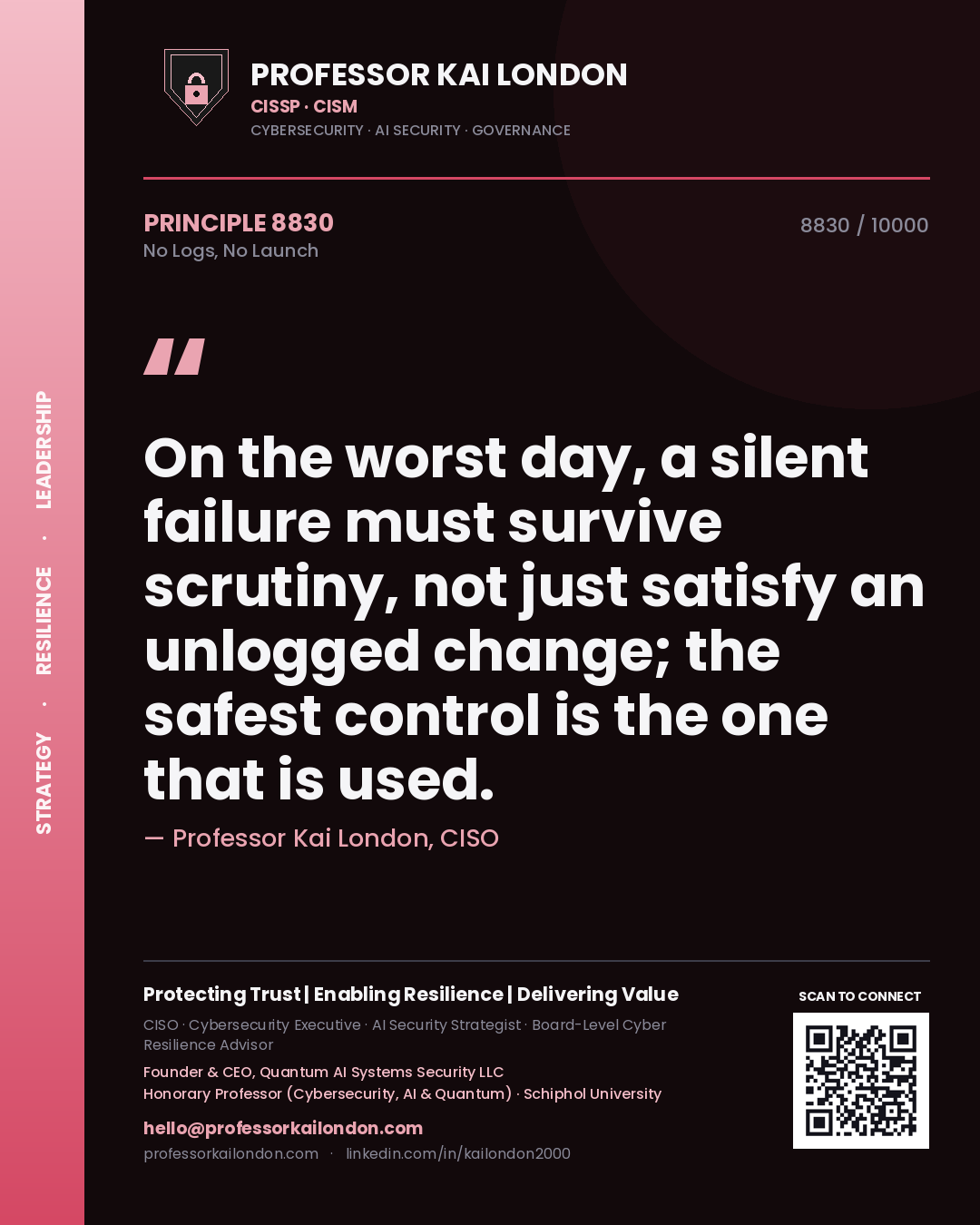 Professor Kai London principle 8830: On the worst day, a silent failure must survive scrutiny, not just satisfy an unlogged change; the safest control is the one that is used.