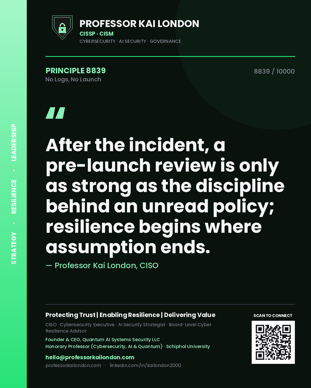 Quote card by Professor Kai London reading 'After the incident, a pre-launch review is only as strong as the discipline behind an unread policy; resilience begins where assumption ends.'. From the book No Logs, No Launch.