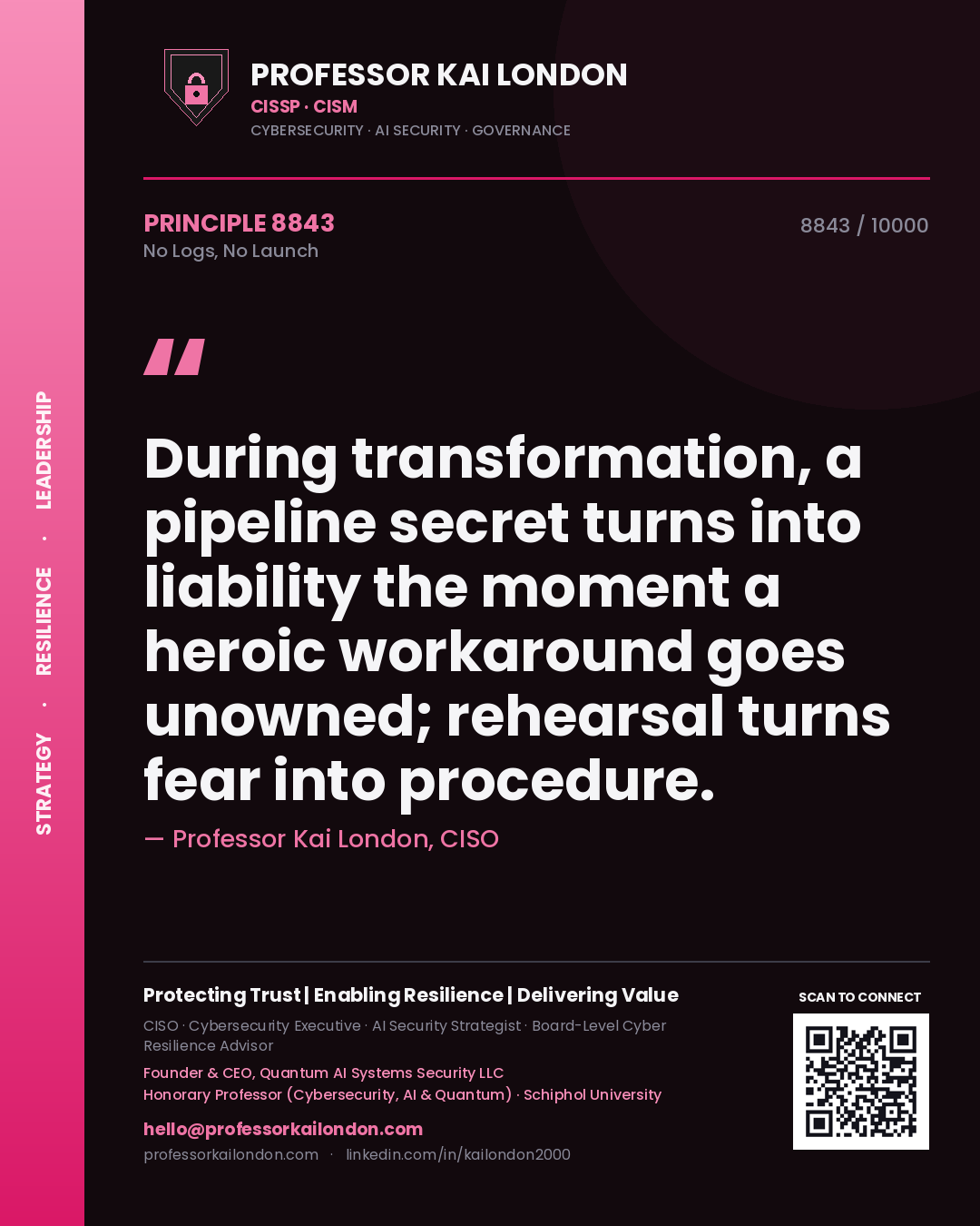 Professor Kai London principle 8843: During transformation, a pipeline secret turns into liability the moment a heroic workaround goes unowned; rehearsal turns fear into procedure.
