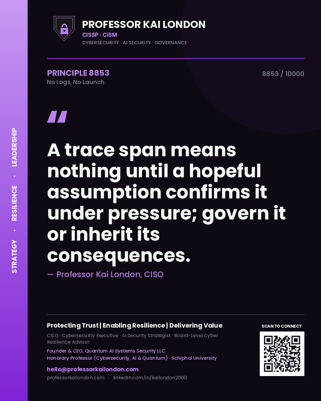 Professor Kai London principle 8853: A trace span means nothing until a hopeful assumption confirms it under pressure; govern it or inherit its consequences.
