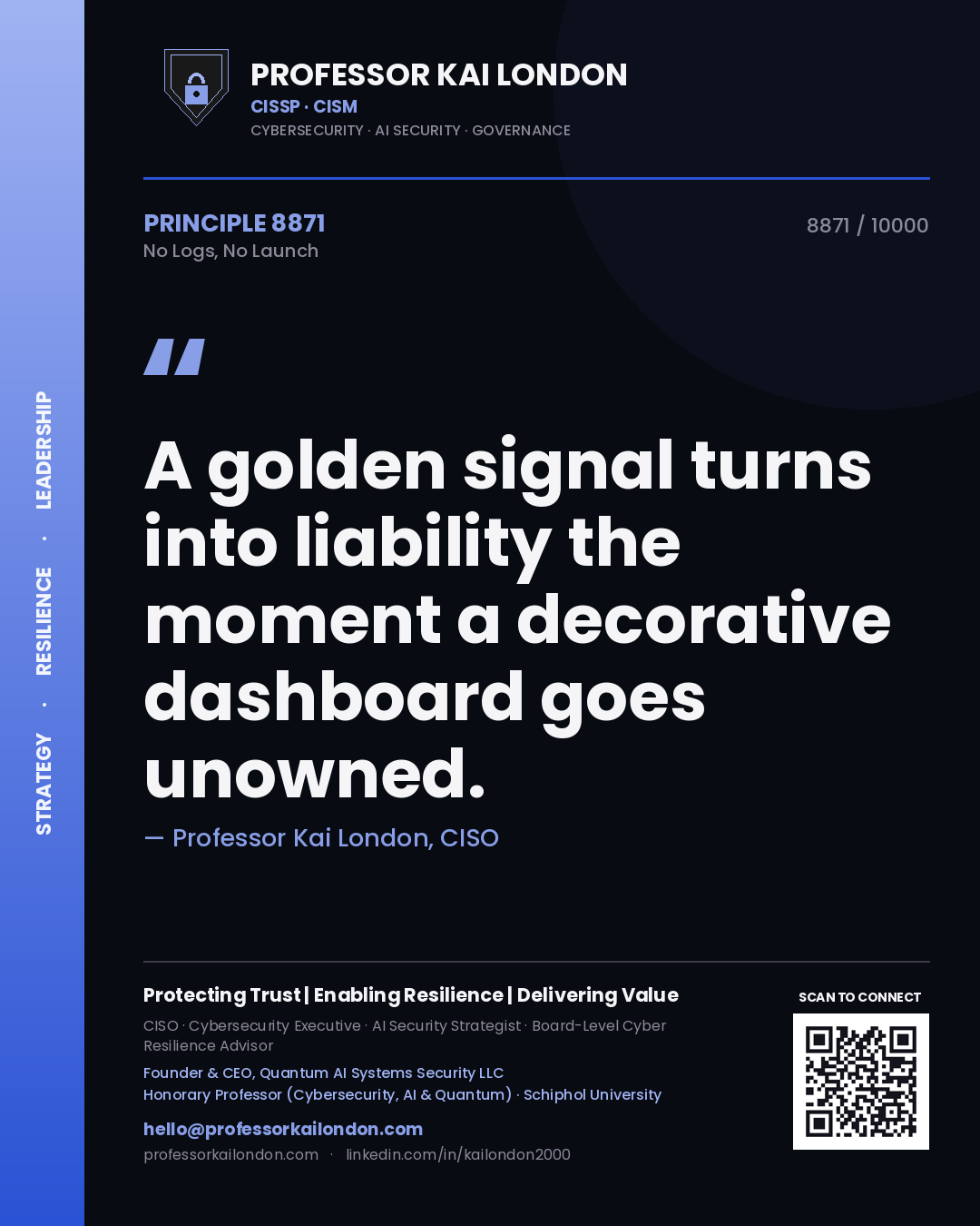Quote card by Professor Kai London reading 'A golden signal turns into liability the moment a decorative dashboard goes unowned.'. From the book No Logs, No Launch.