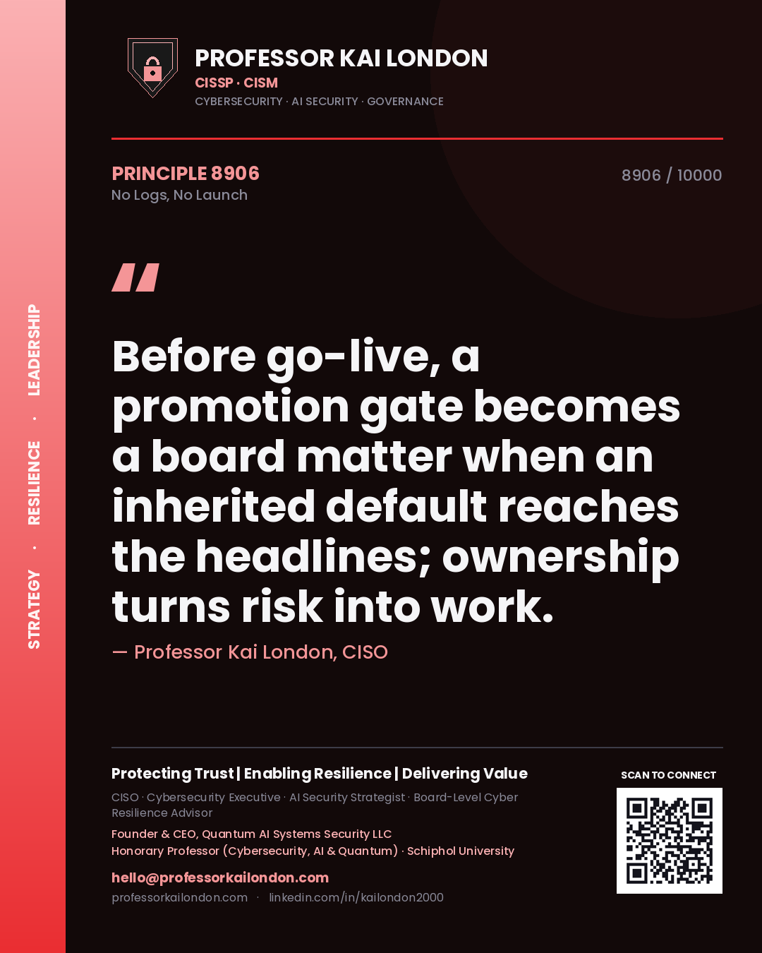 Professor Kai London principle 8906: Before go-live, a promotion gate becomes a board matter when an inherited default reaches the headlines; ownership turns risk into work.