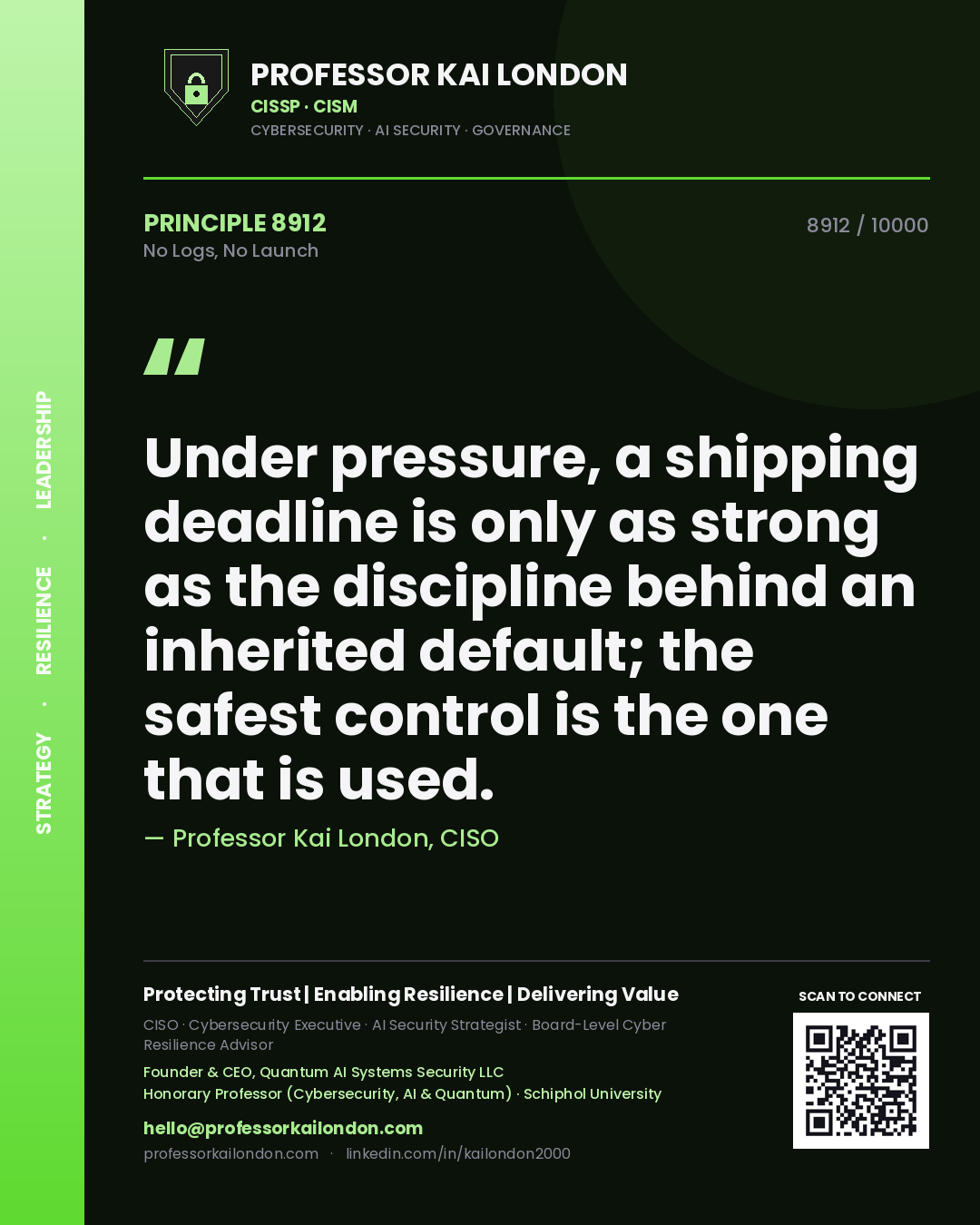 Professor Kai London principle 8912: Under pressure, a shipping deadline is only as strong as the discipline behind an inherited default; the safest control is the one that is used.