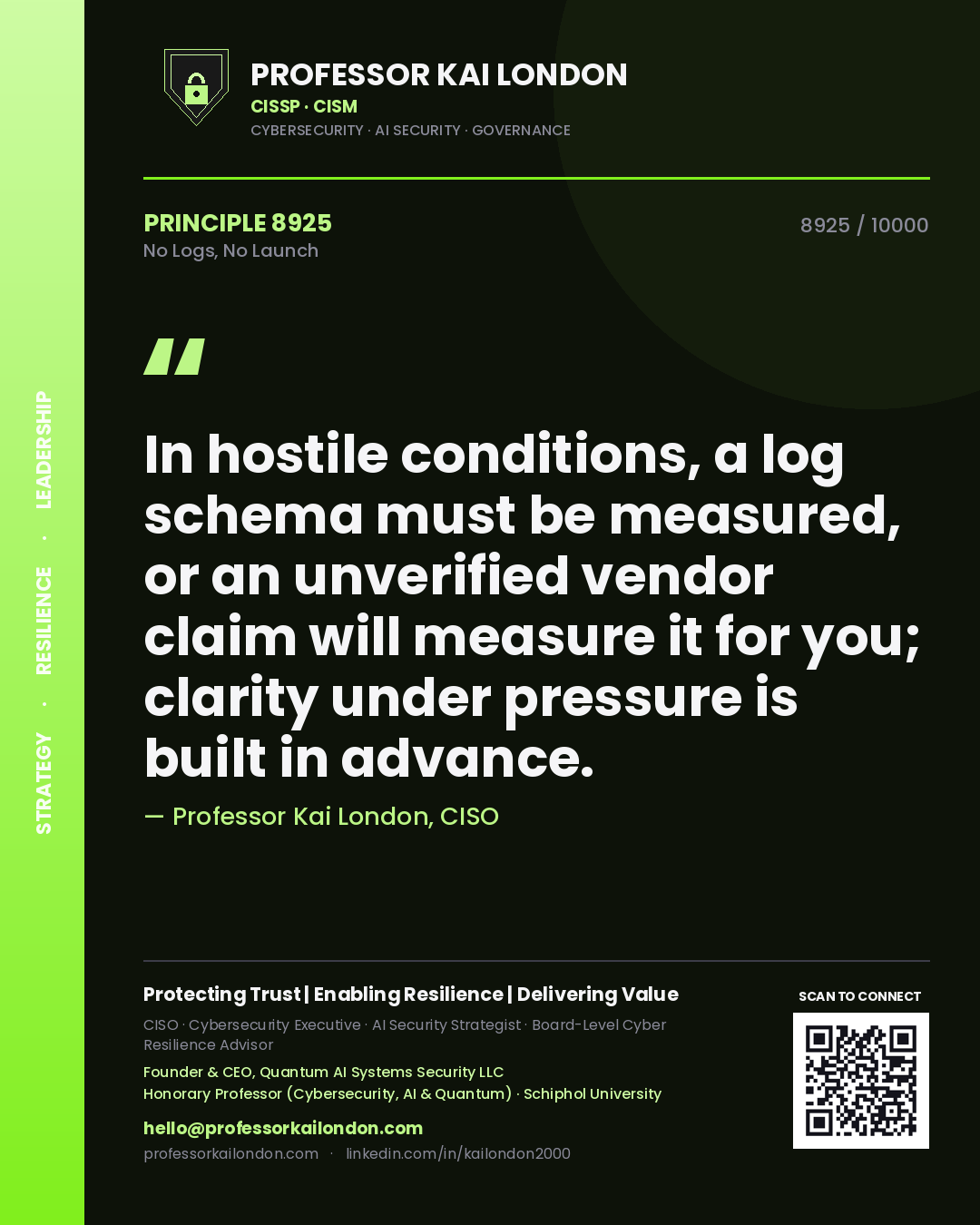 Professor Kai London principle 8925: In hostile conditions, a log schema must be measured, or an unverified vendor claim will measure it for you; clarity under pressure is built in advance.