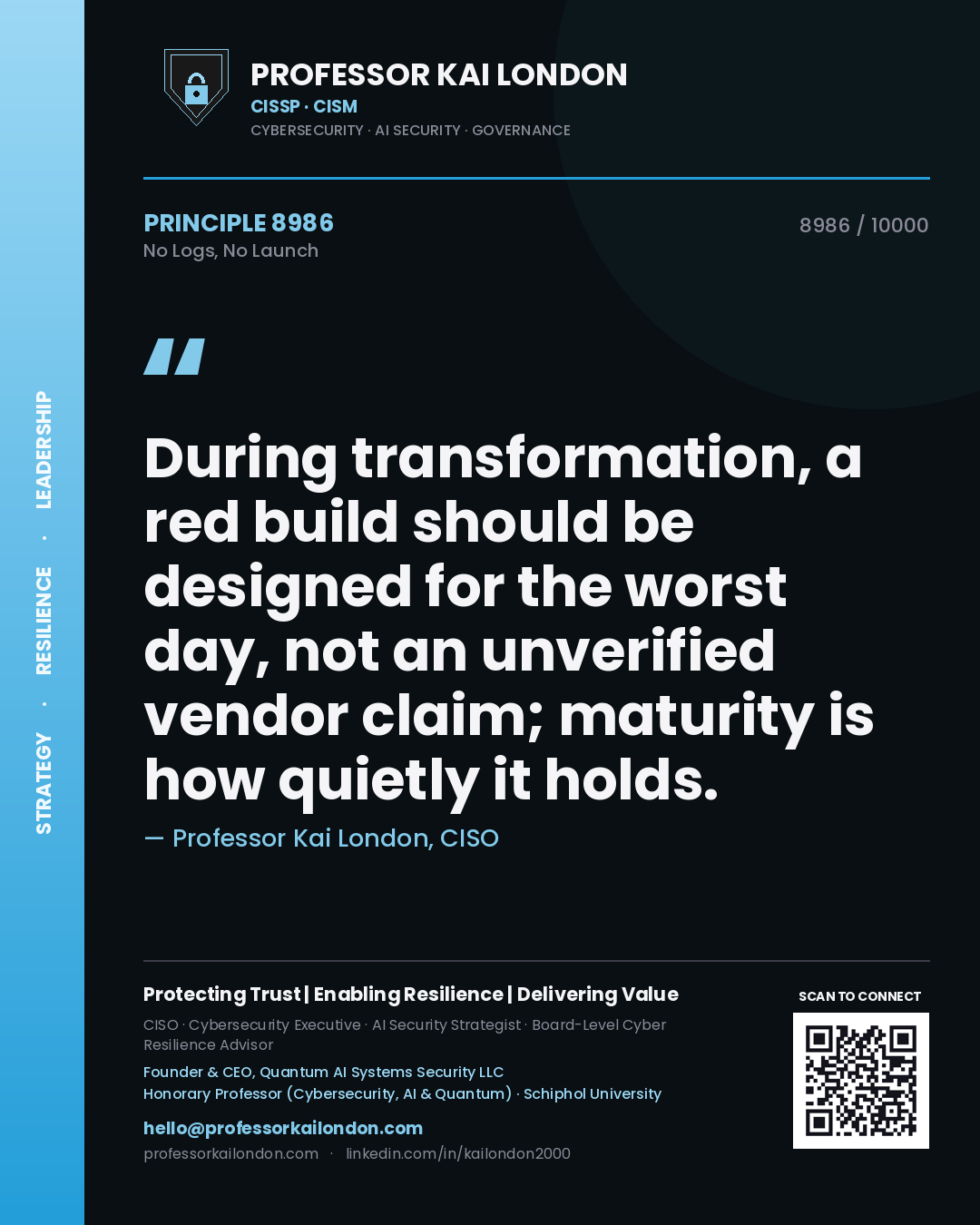 Professor Kai London principle 8986: During transformation, a red build should be designed for the worst day, not an unverified vendor claim; maturity is how quietly it holds.
