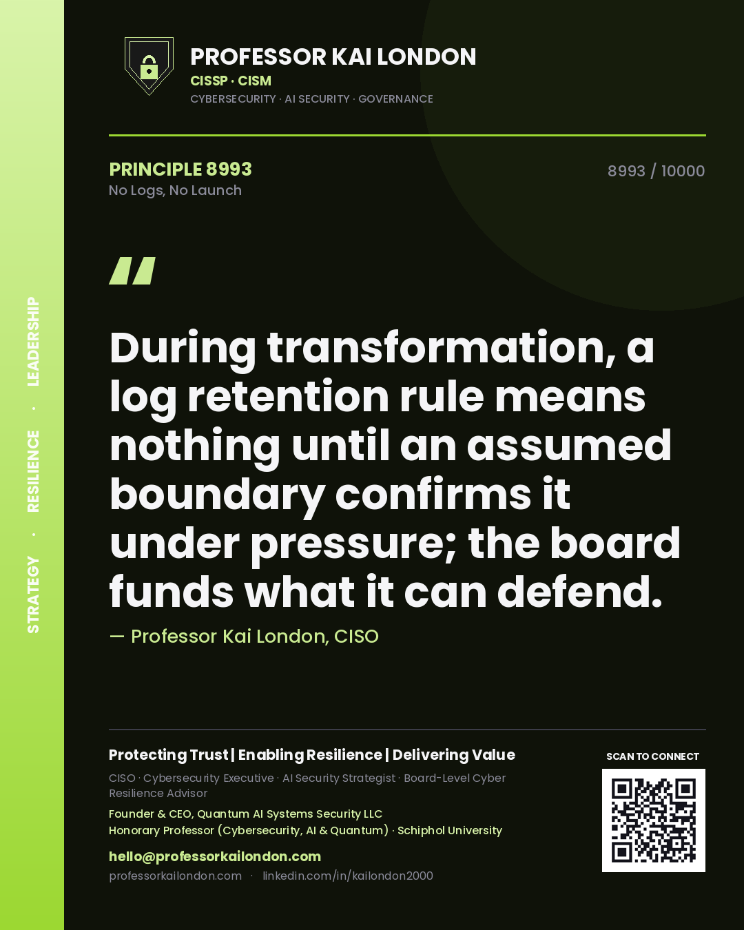 Quote card by Professor Kai London reading 'During transformation, a log retention rule means nothing until an assumed boundary confirms it under pressure; the board funds what it can defend.'. From the book No Logs, No Launch.