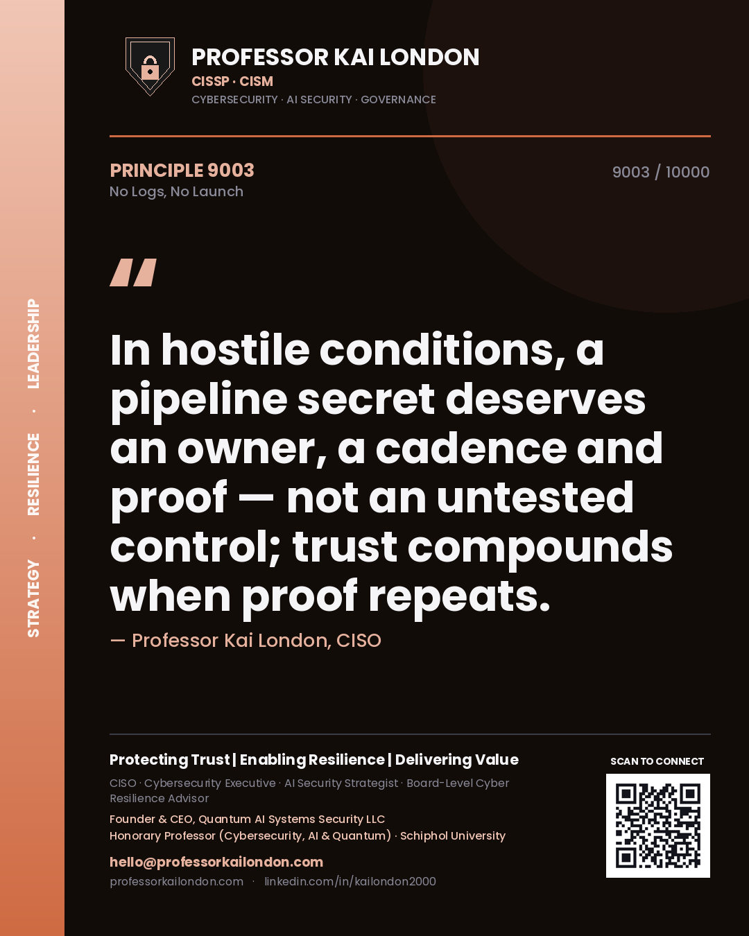 Professor Kai London principle 9003: In hostile conditions, a pipeline secret deserves an owner, a cadence and proof — not an untested control; trust compounds when proof repeats.