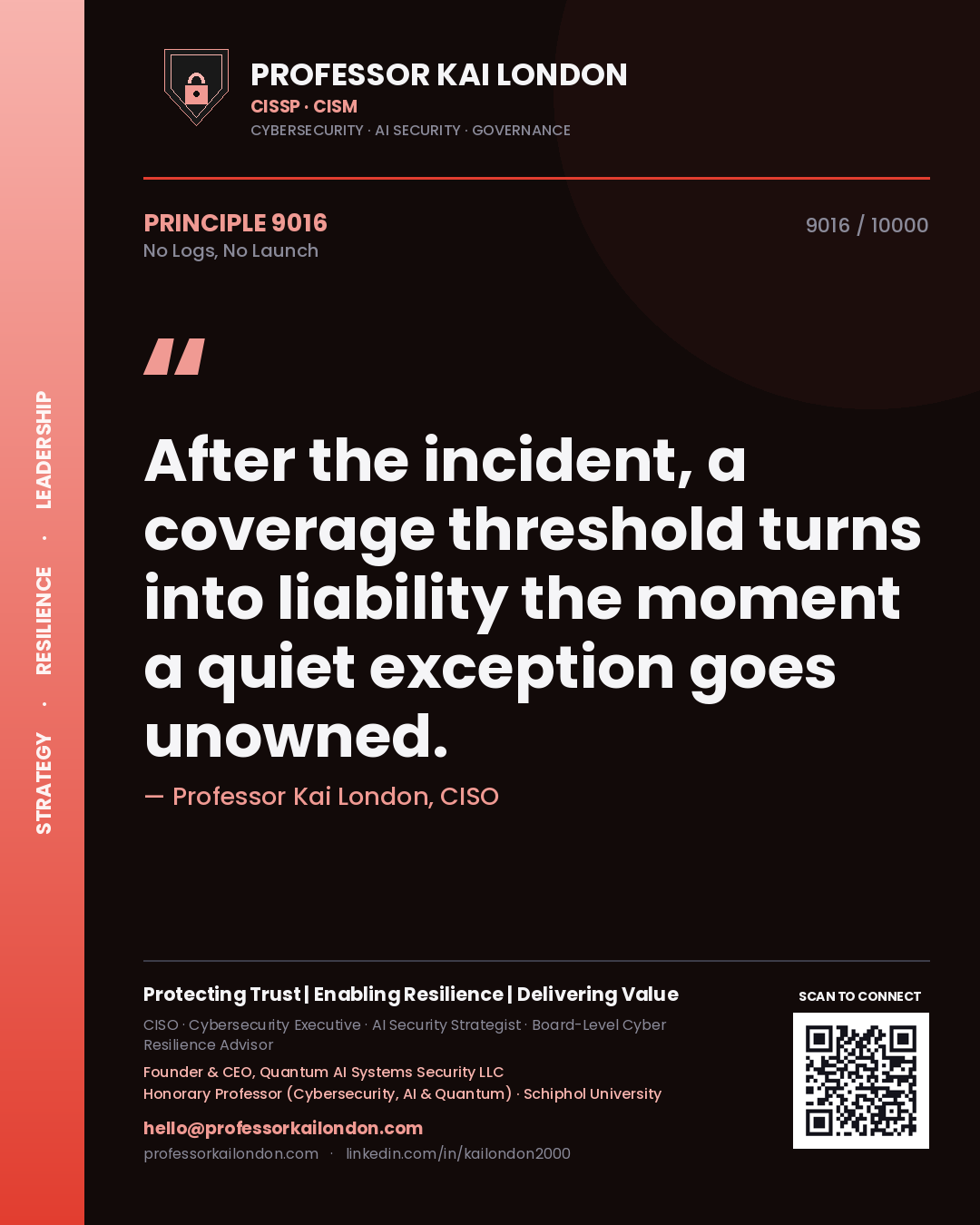 Quote card by Professor Kai London reading 'After the incident, a coverage threshold turns into liability the moment a quiet exception goes unowned.'. From the book No Logs, No Launch.