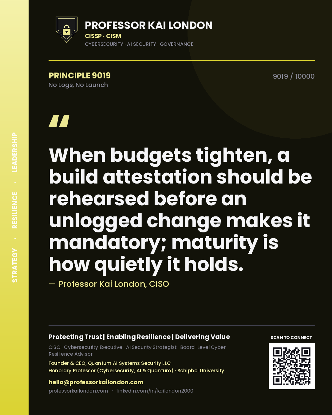 Professor Kai London principle 9019: When budgets tighten, a build attestation should be rehearsed before an unlogged change makes it mandatory; maturity is how quietly it holds.