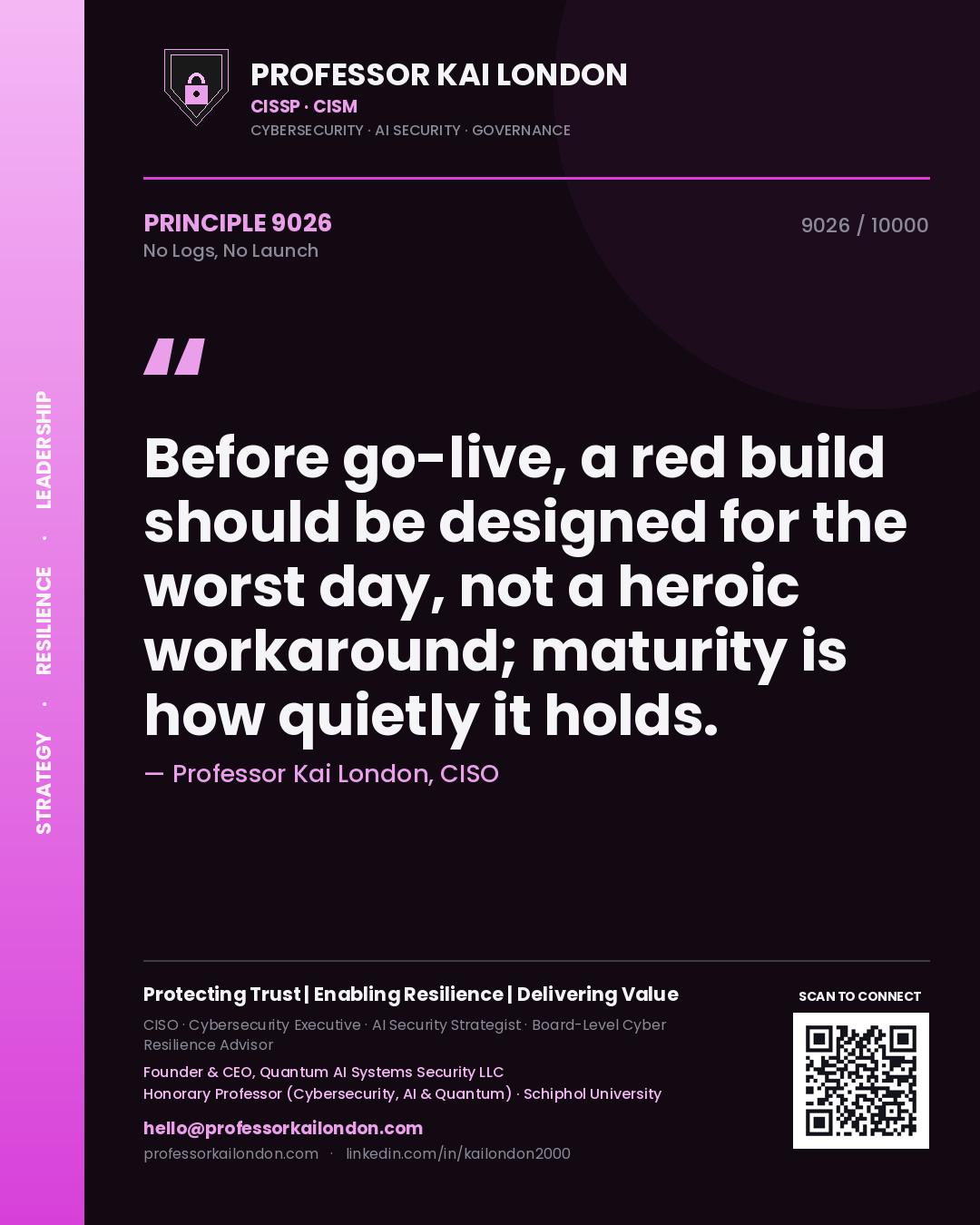 Professor Kai London principle 9026: Before go-live, a red build should be designed for the worst day, not a heroic workaround; maturity is how quietly it holds.