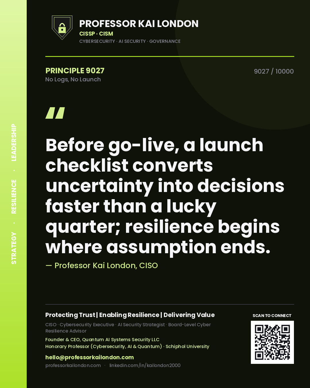 Quote card by Professor Kai London reading 'Before go-live, a launch checklist converts uncertainty into decisions faster than a lucky quarter; resilience begins where assumption ends.'. From the book No Logs, No Launch.