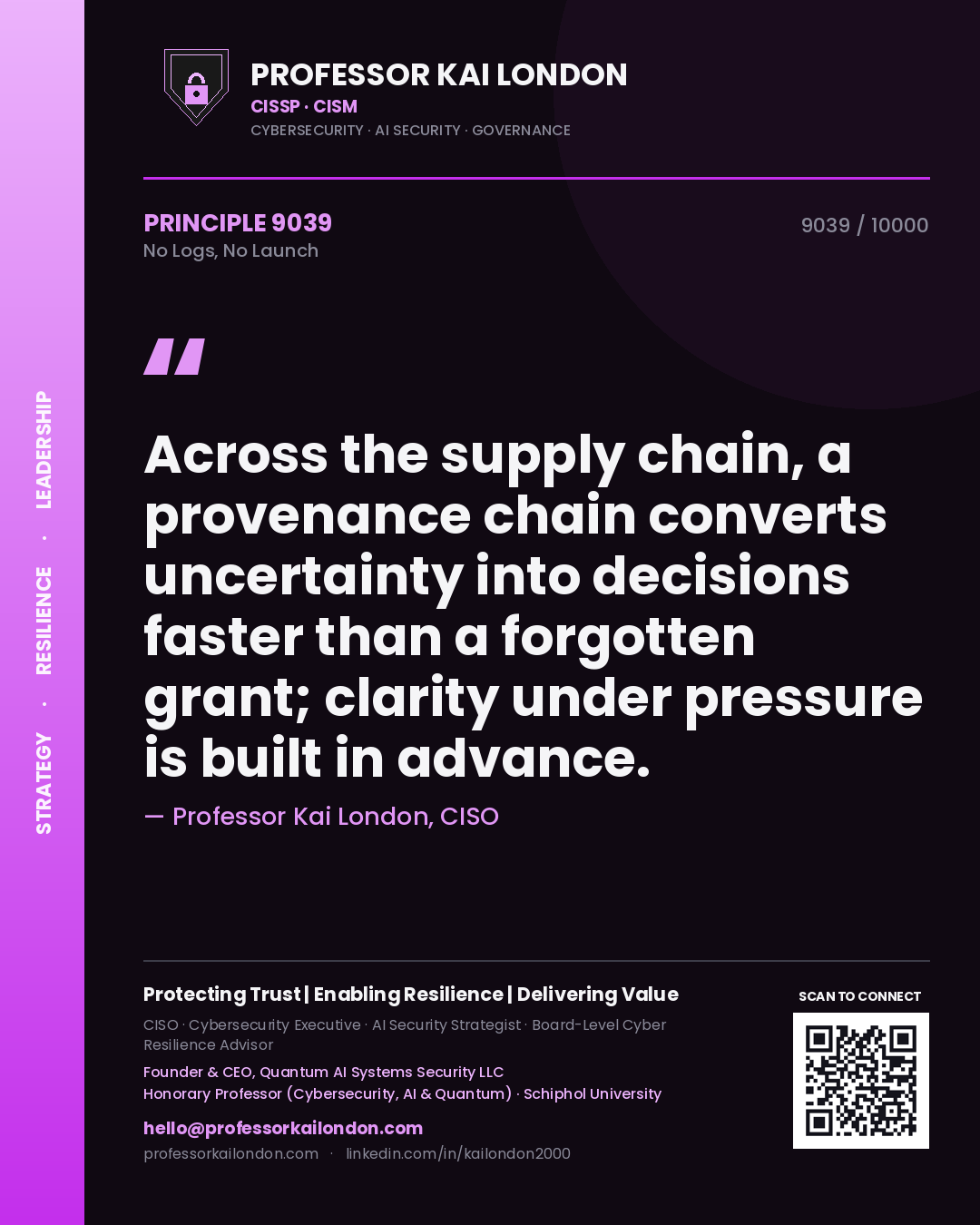 Professor Kai London principle 9039: Across the supply chain, a provenance chain converts uncertainty into decisions faster than a forgotten grant; clarity under pressure is built in advance.