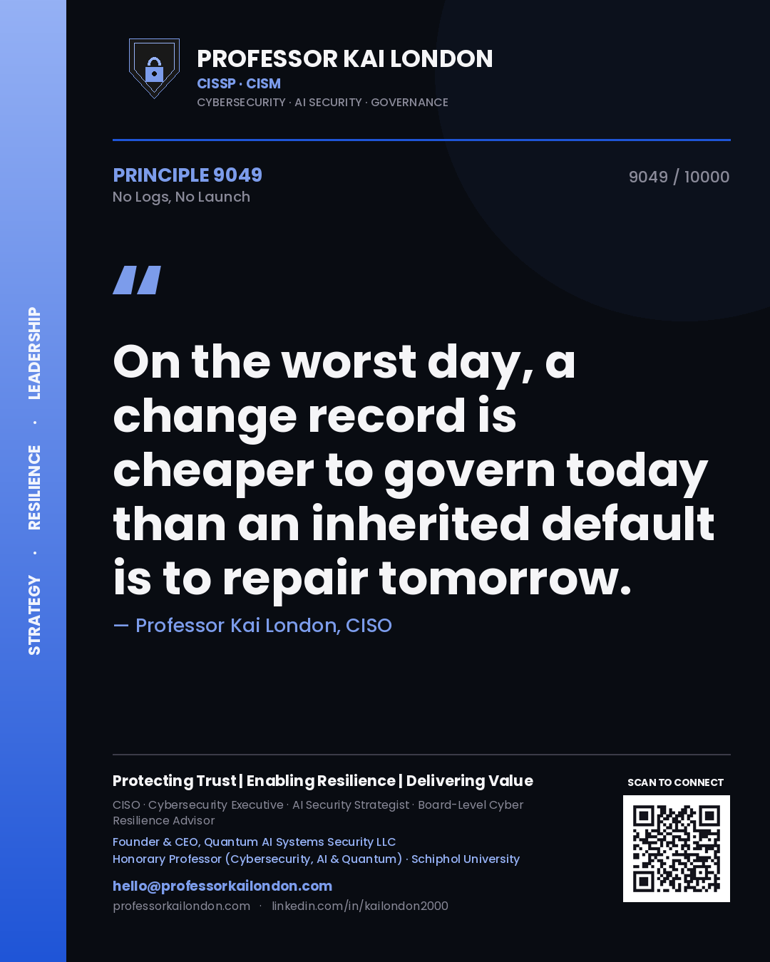 Professor Kai London principle 9049: On the worst day, a change record is cheaper to govern today than an inherited default is to repair tomorrow.