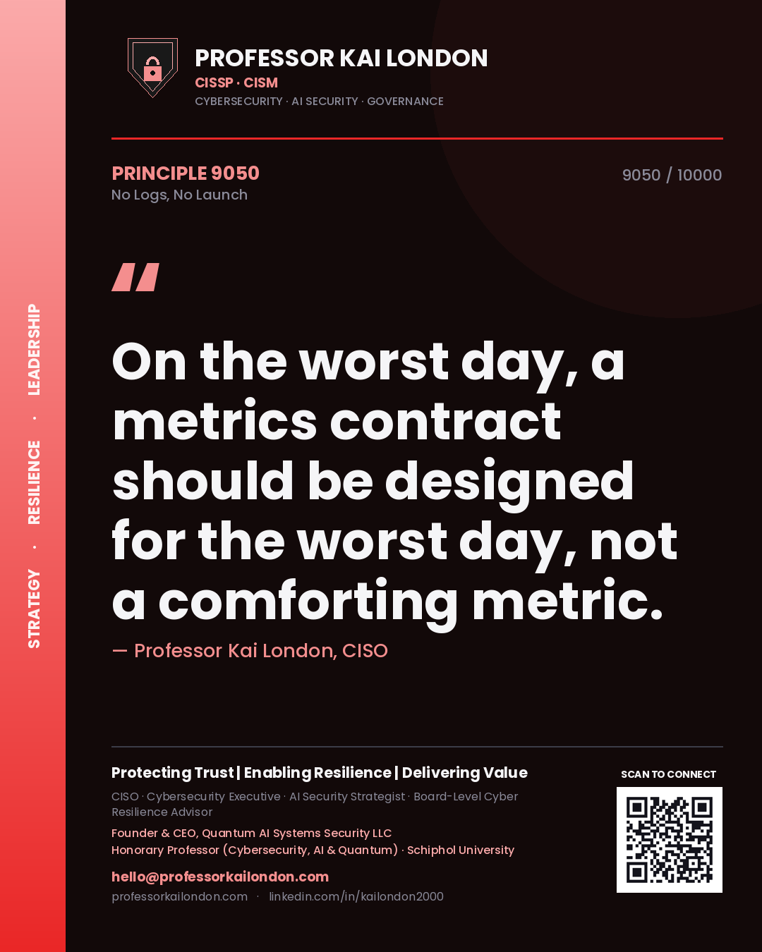 Quote card by Professor Kai London reading 'On the worst day, a metrics contract should be designed for the worst day, not a comforting metric.'. From the book No Logs, No Launch.
