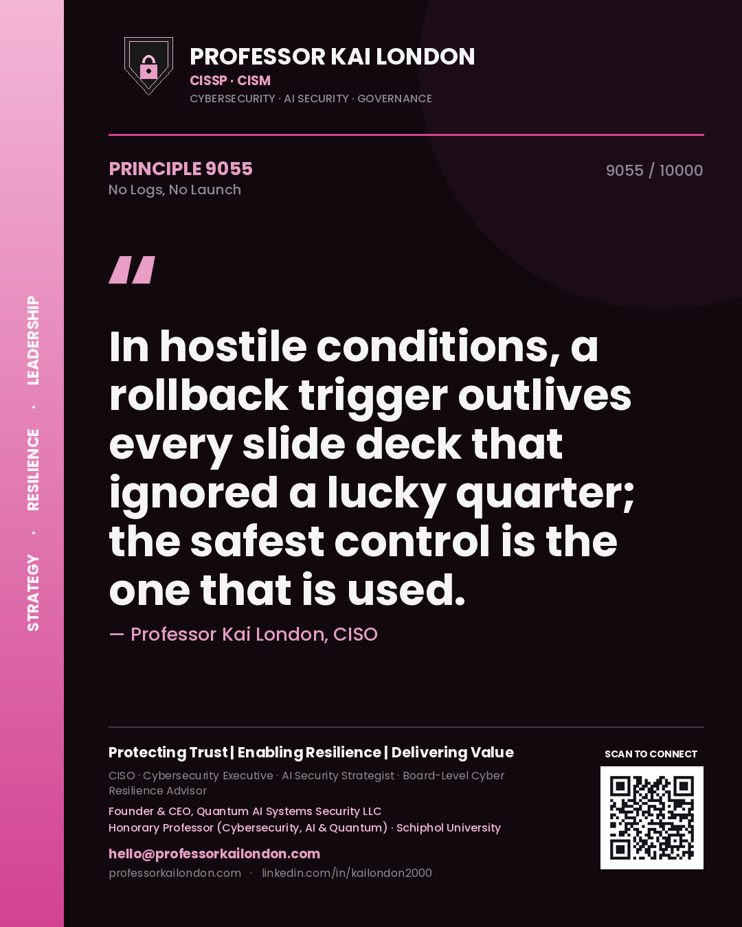 Quote card by Professor Kai London reading 'In hostile conditions, a rollback trigger outlives every slide deck that ignored a lucky quarter; the safest control is the one that is used.'. From the book No Logs, No Launch.