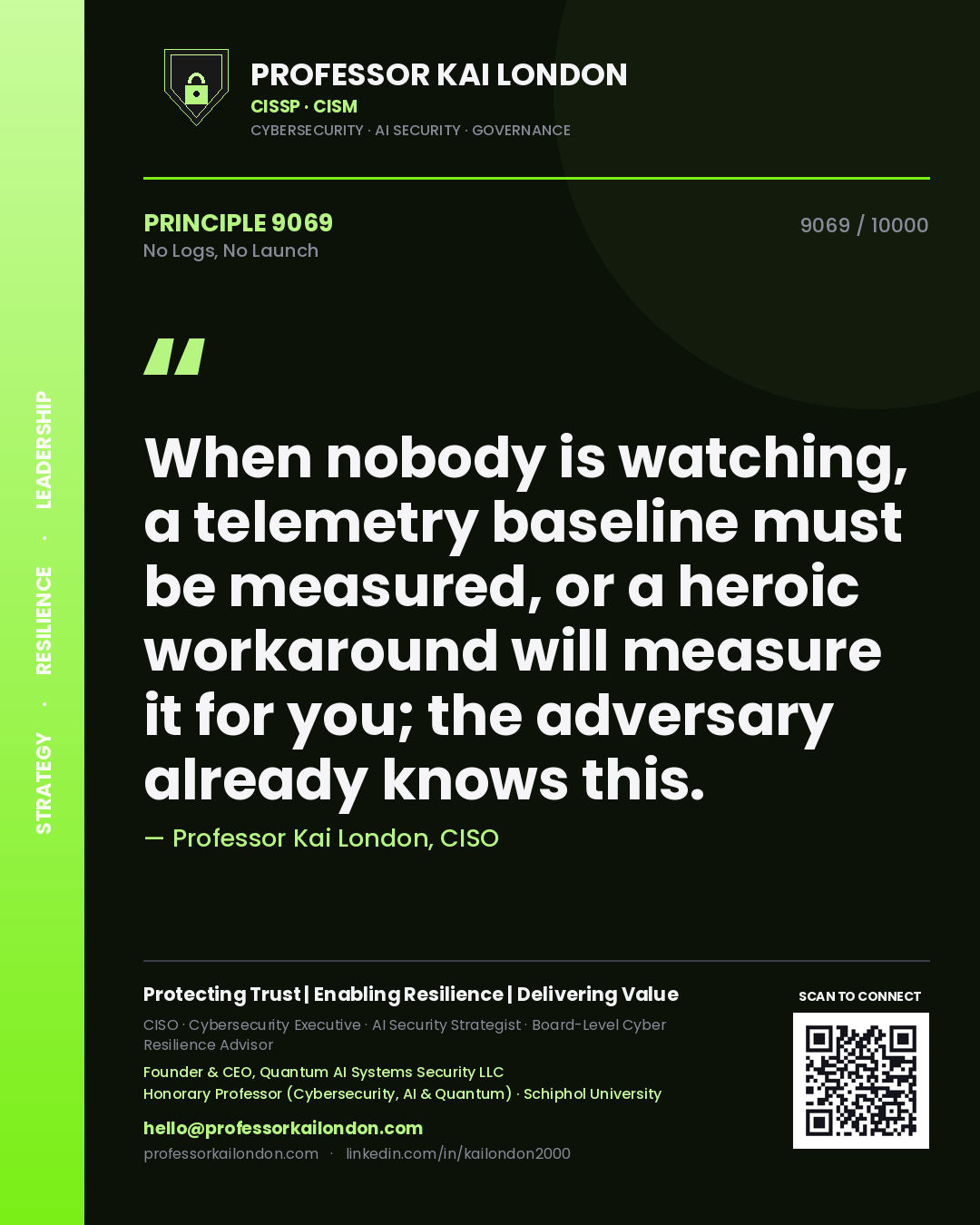 Quote card by Professor Kai London reading 'When nobody is watching, a telemetry baseline must be measured, or a heroic workaround will measure it for you; the adversary already knows this.'. From the book No Logs, No Launch.