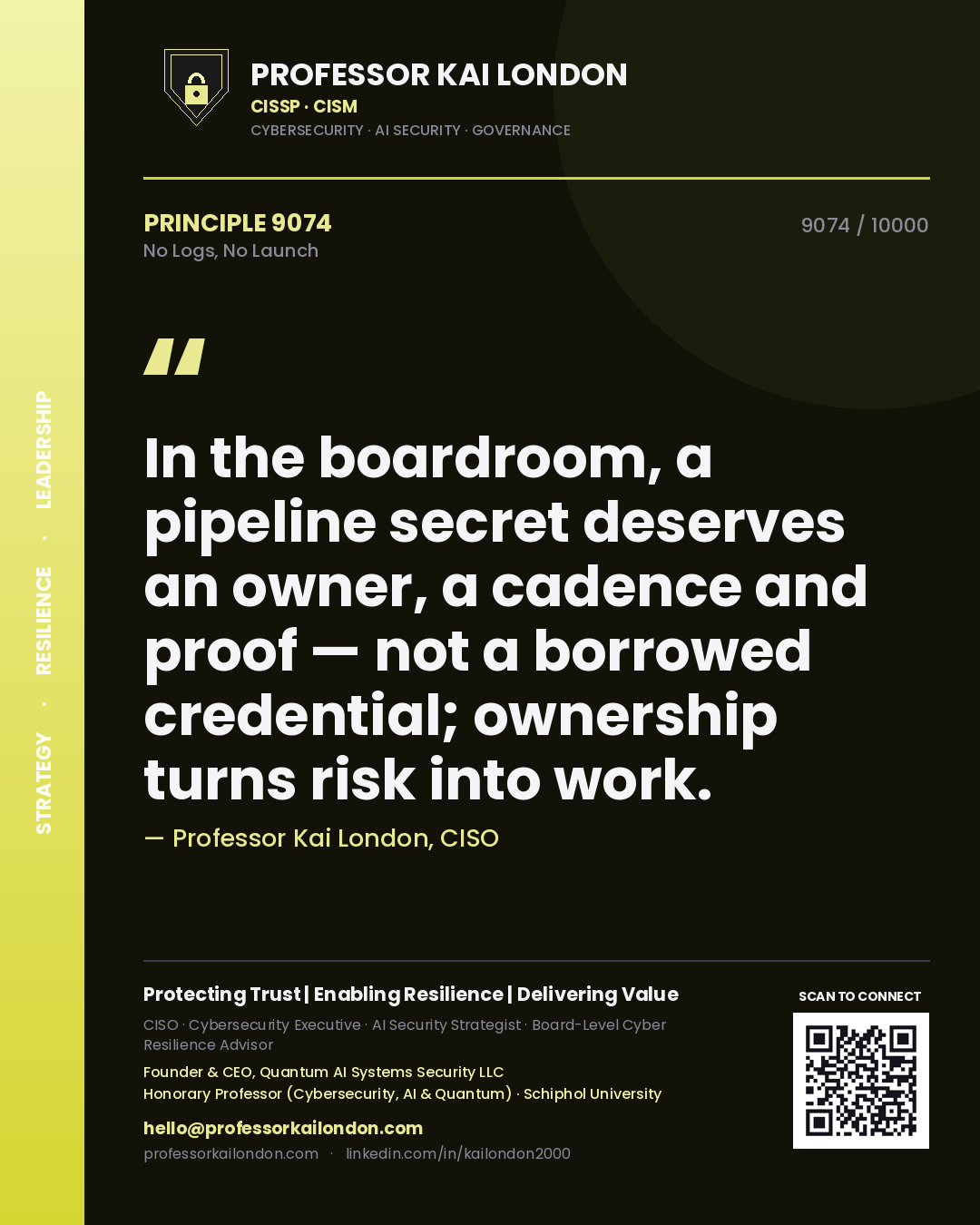 Professor Kai London principle 9074: In the boardroom, a pipeline secret deserves an owner, a cadence and proof — not a borrowed credential; ownership turns risk into work.