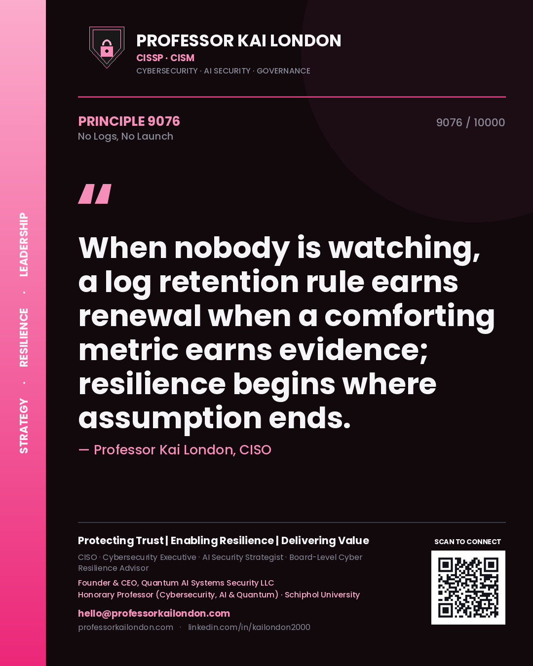 Professor Kai London principle 9076: When nobody is watching, a log retention rule earns renewal when a comforting metric earns evidence; resilience begins where assumption ends.