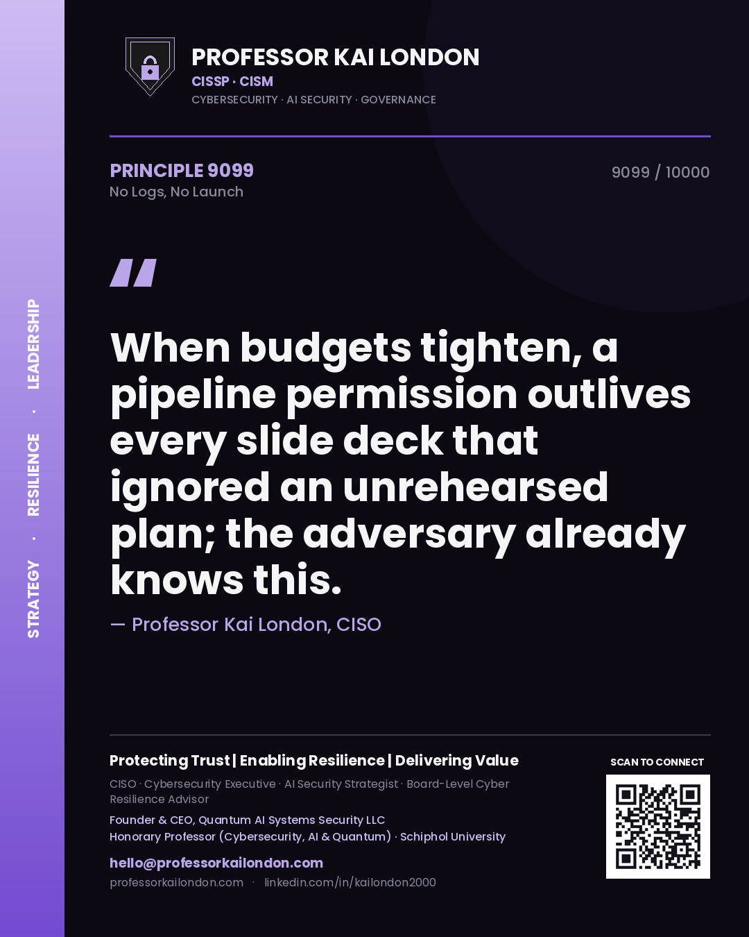 Professor Kai London principle 9099: When budgets tighten, a pipeline permission outlives every slide deck that ignored an unrehearsed plan; the adversary already knows this.