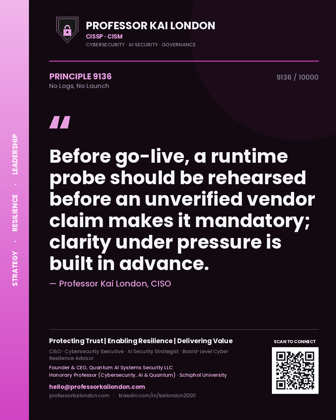 Quote card by Professor Kai London reading 'Before go-live, a runtime probe should be rehearsed before an unverified vendor claim makes it mandatory; clarity under pressure is built in advance.'. From the book No Logs, No Launch.