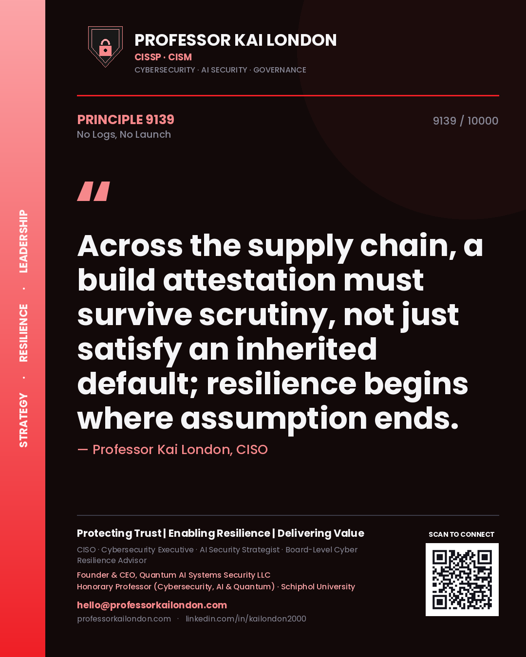 Quote card by Professor Kai London reading 'Across the supply chain, a build attestation must survive scrutiny, not just satisfy an inherited default; resilience begins where assumption ends.'. From the book No Logs, No Launch.