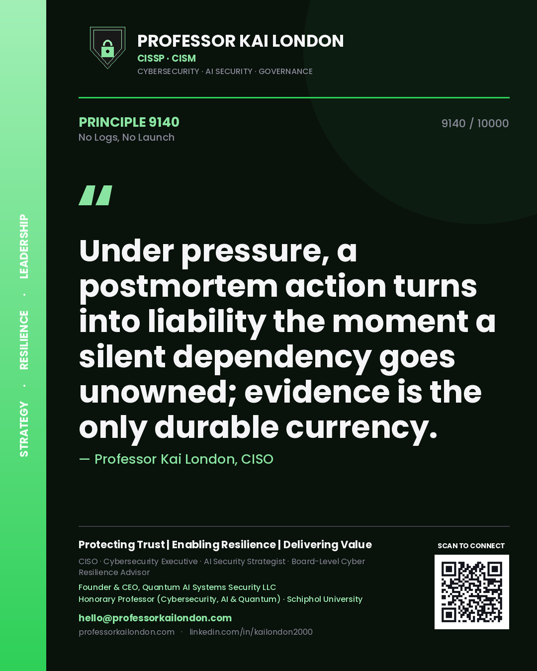 Quote card by Professor Kai London reading 'Under pressure, a postmortem action turns into liability the moment a silent dependency goes unowned; evidence is the only durable currency.'. From the book No Logs, No Launch.