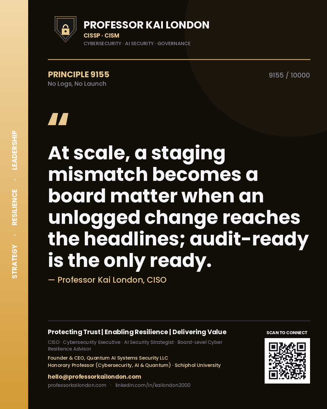 Professor Kai London principle 9155: At scale, a staging mismatch becomes a board matter when an unlogged change reaches the headlines; audit-ready is the only ready.