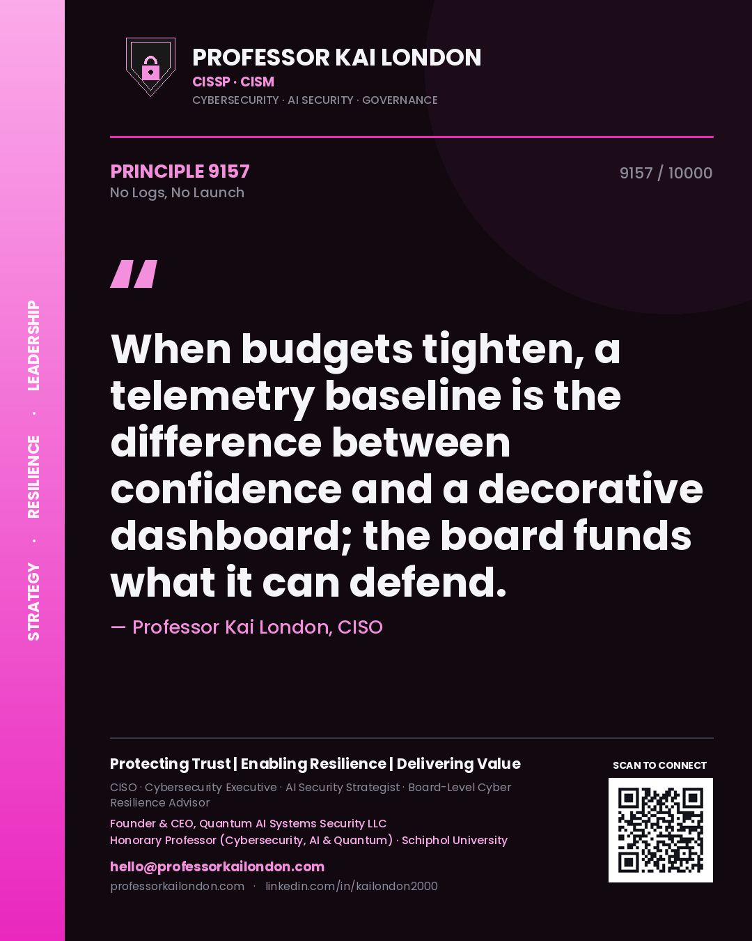 Professor Kai London principle 9157: When budgets tighten, a telemetry baseline is the difference between confidence and a decorative dashboard; the board funds what it can defend.