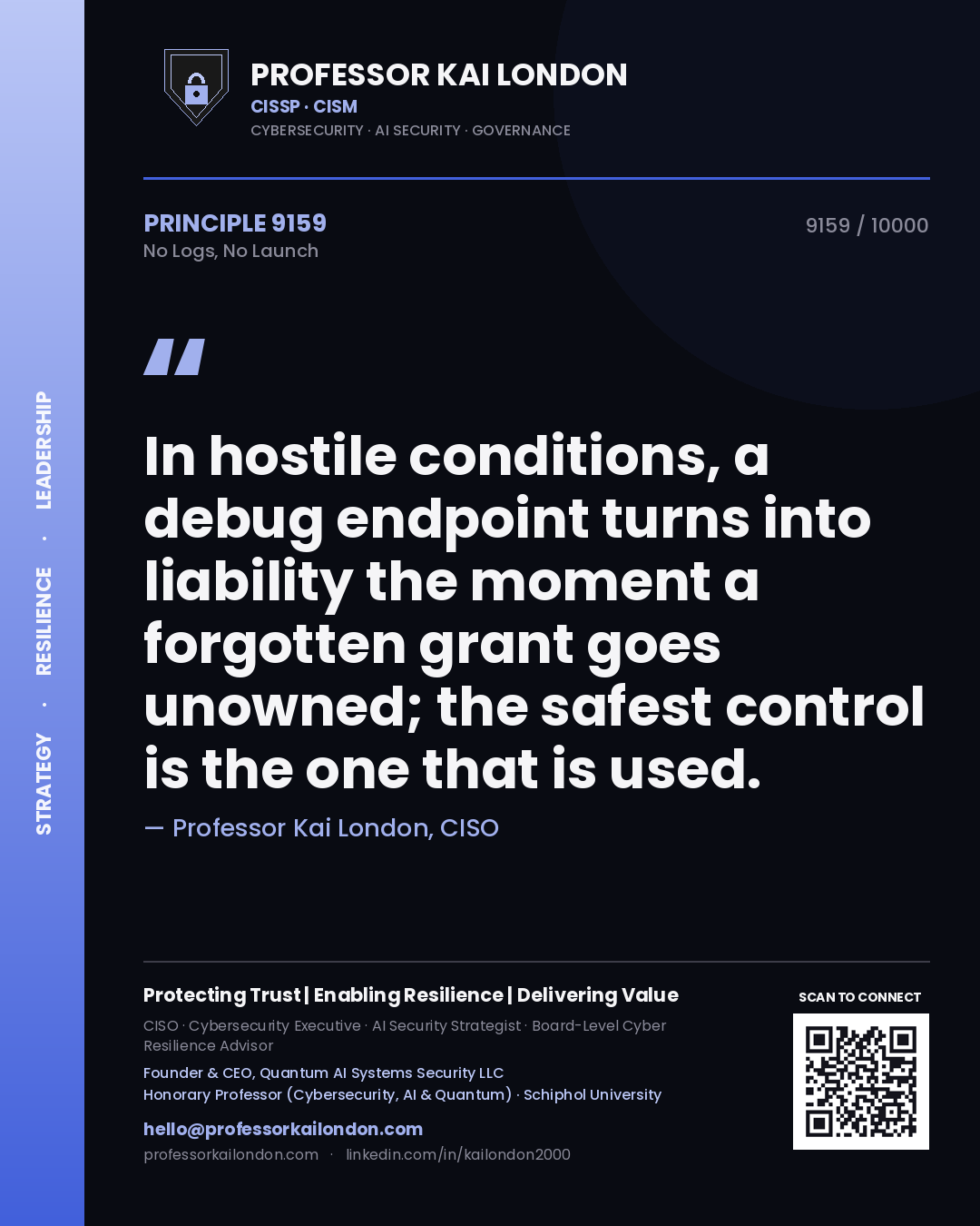 Quote card by Professor Kai London reading 'In hostile conditions, a debug endpoint turns into liability the moment a forgotten grant goes unowned; the safest control is the one that is used.'. From the book No Logs, No Launch.