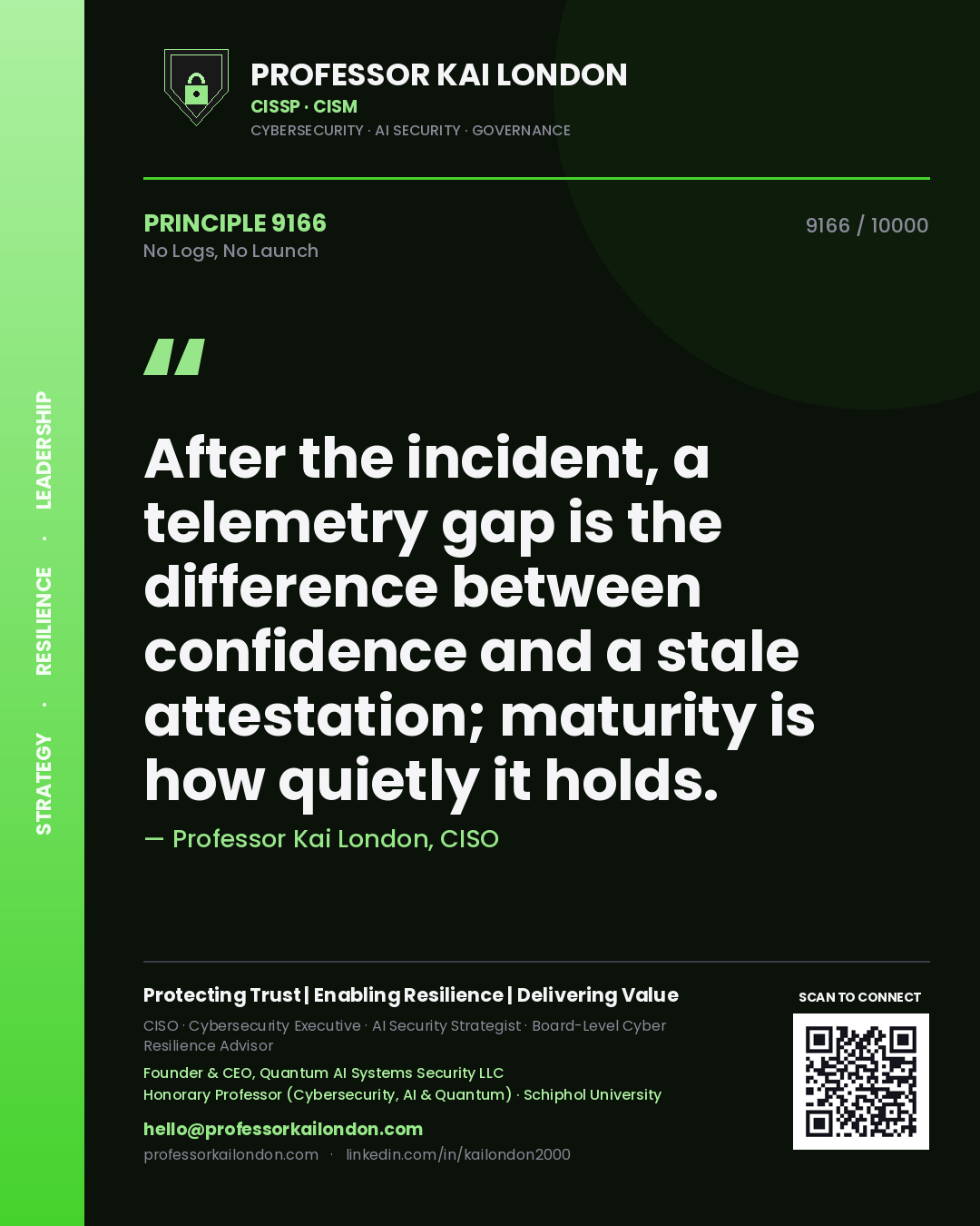 Professor Kai London principle 9166: After the incident, a telemetry gap is the difference between confidence and a stale attestation; maturity is how quietly it holds.