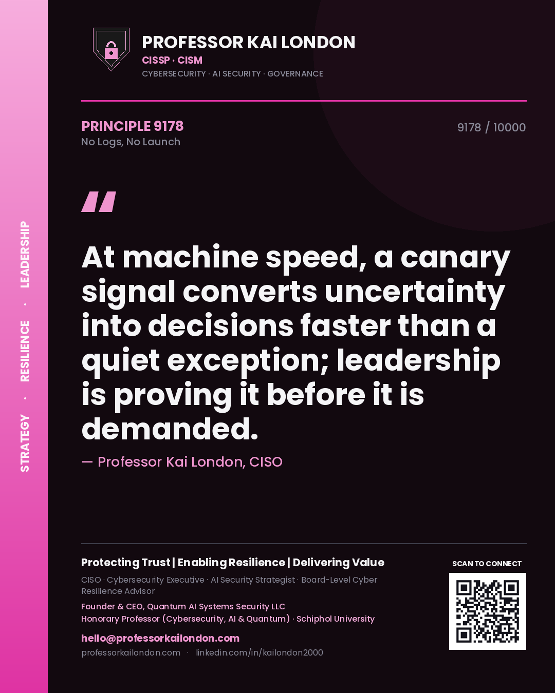 Professor Kai London principle 9178: At machine speed, a canary signal converts uncertainty into decisions faster than a quiet exception; leadership is proving it before it is demanded.