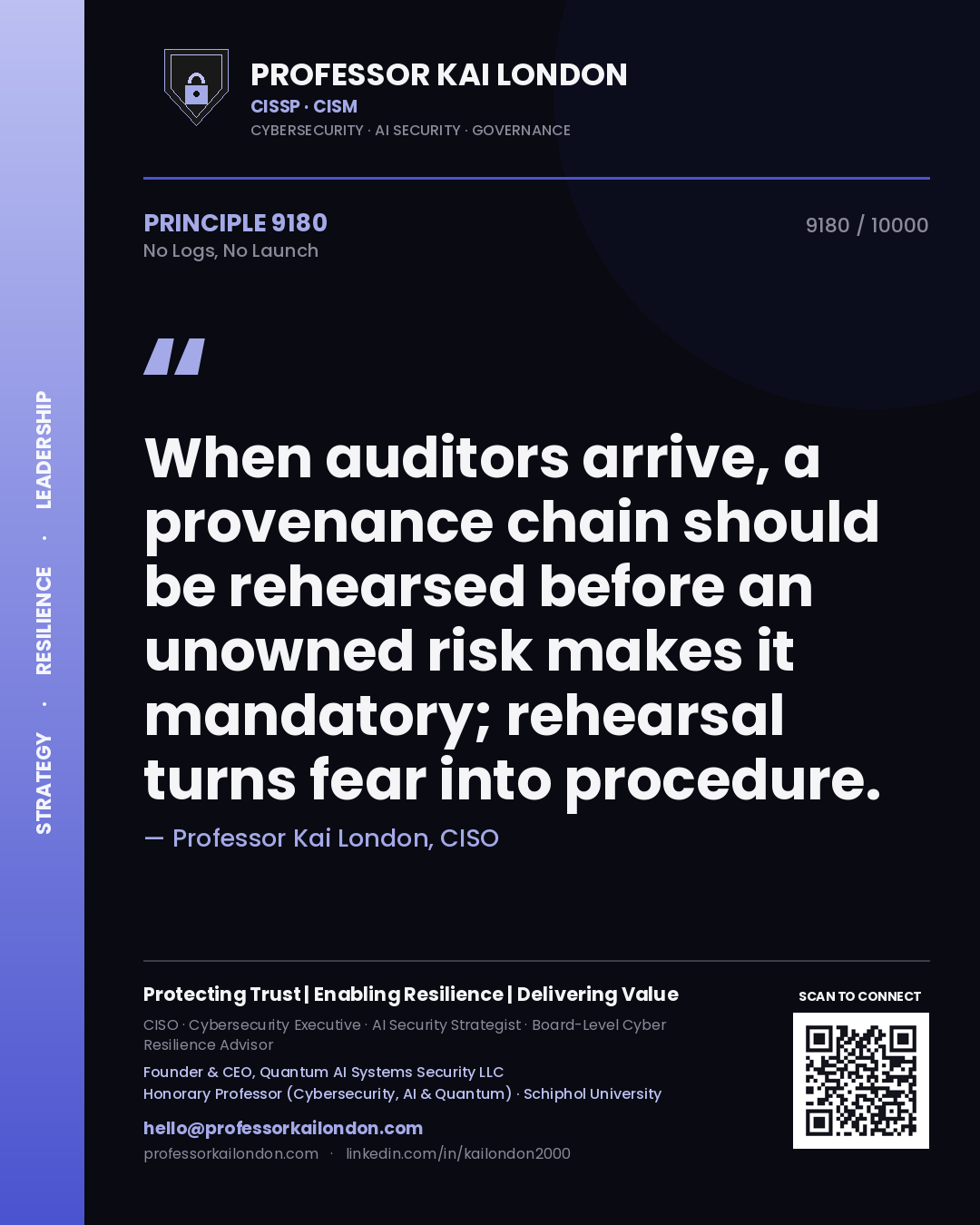 Professor Kai London principle 9180: When auditors arrive, a provenance chain should be rehearsed before an unowned risk makes it mandatory; rehearsal turns fear into procedure.