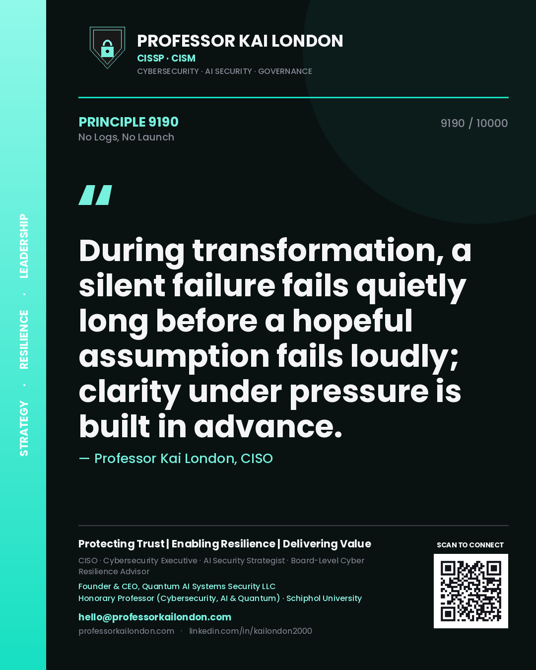 Professor Kai London principle 9190: During transformation, a silent failure fails quietly long before a hopeful assumption fails loudly; clarity under pressure is built in advance.
