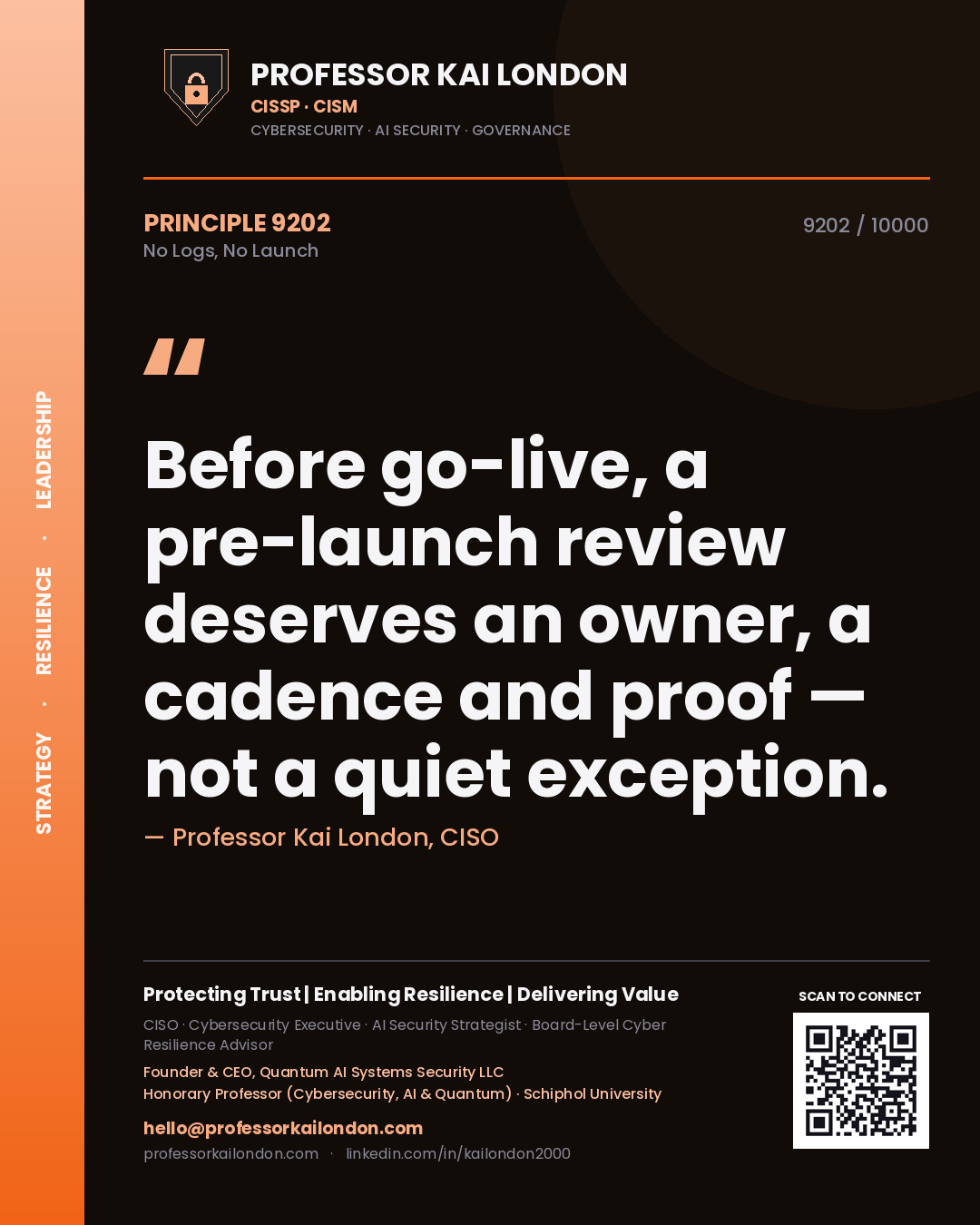 Professor Kai London principle 9202: Before go-live, a pre-launch review deserves an owner, a cadence and proof — not a quiet exception.