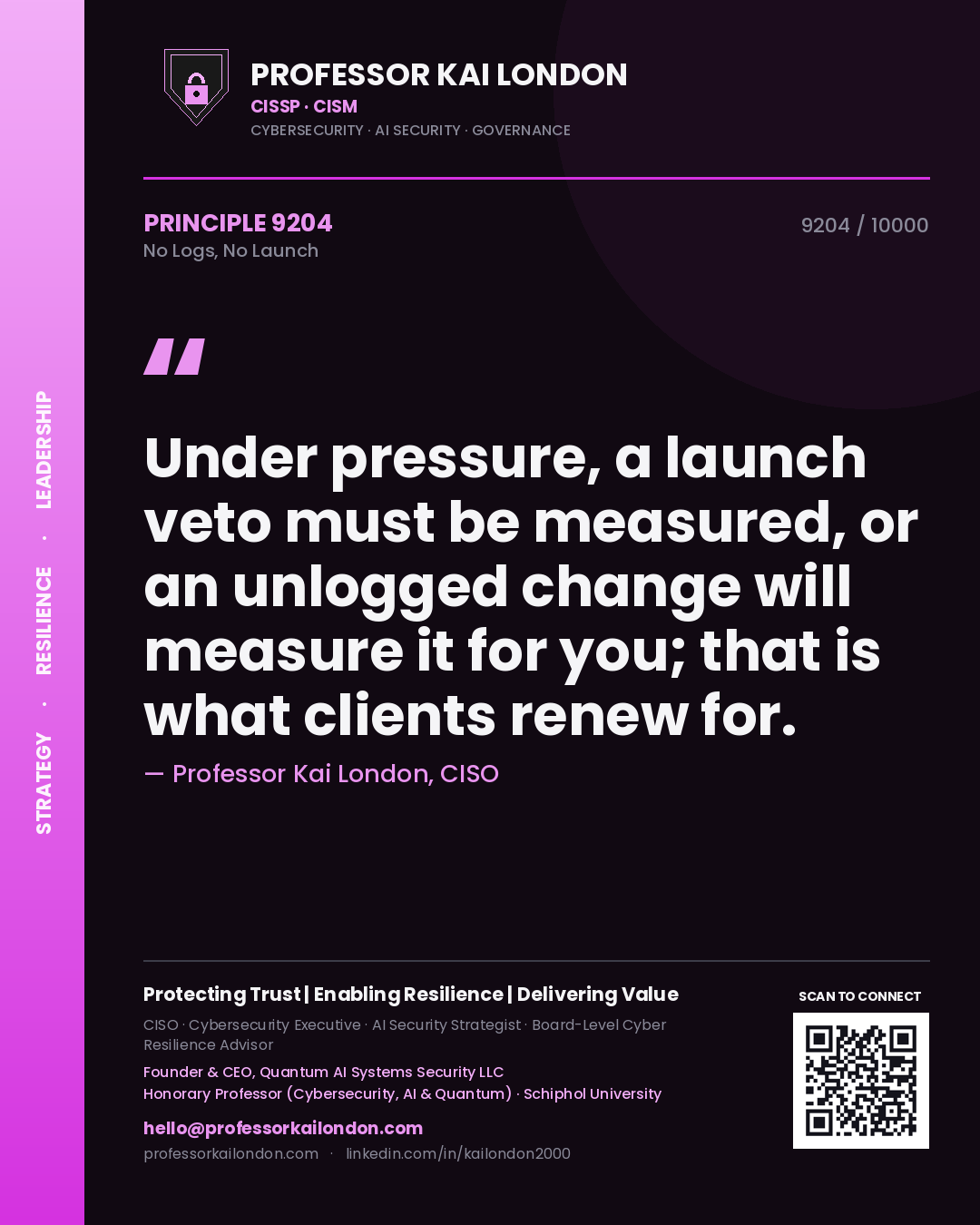 Professor Kai London principle 9204: Under pressure, a launch veto must be measured, or an unlogged change will measure it for you; that is what clients renew for.