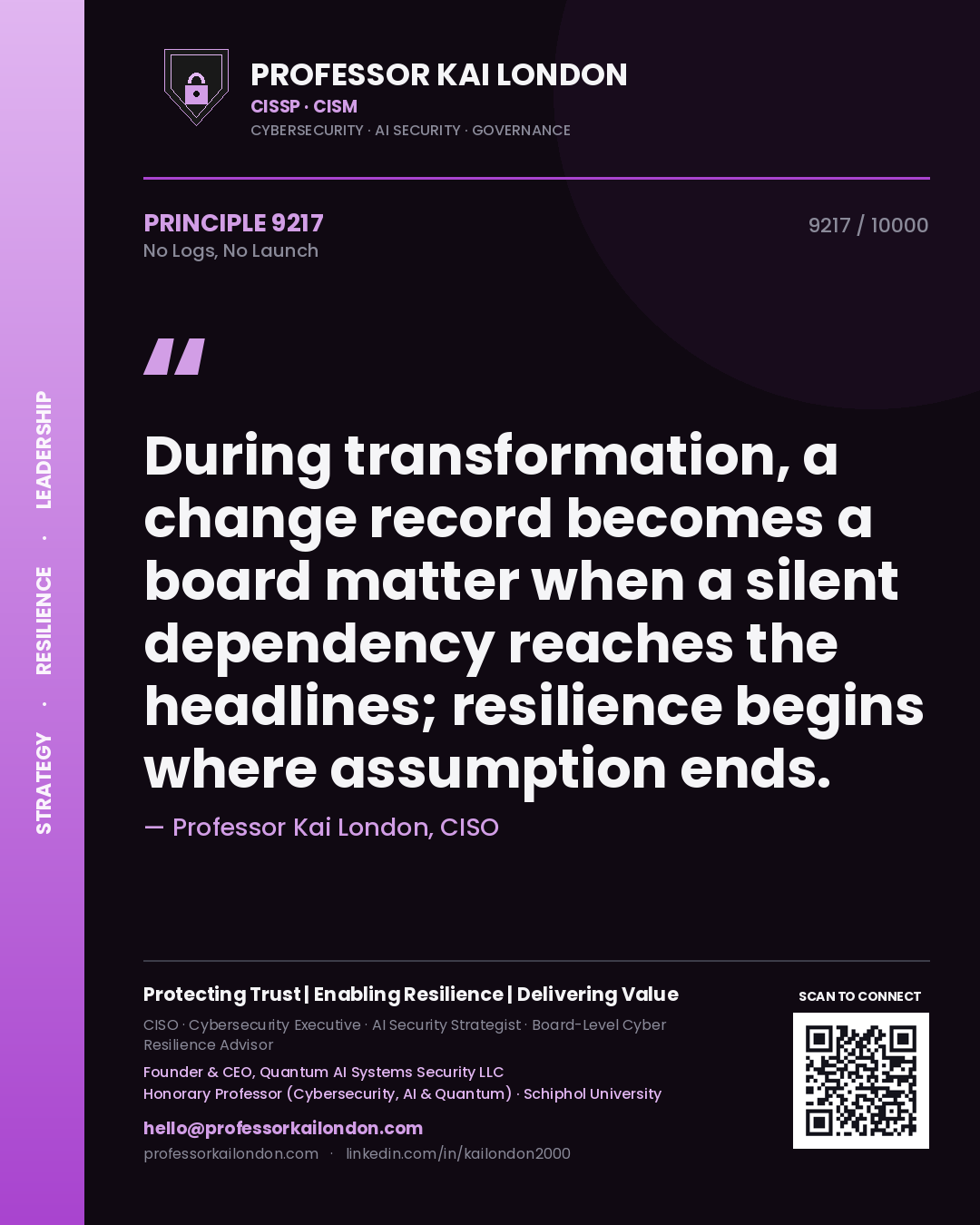 Professor Kai London principle 9217: During transformation, a change record becomes a board matter when a silent dependency reaches the headlines; resilience begins where assumption ends.